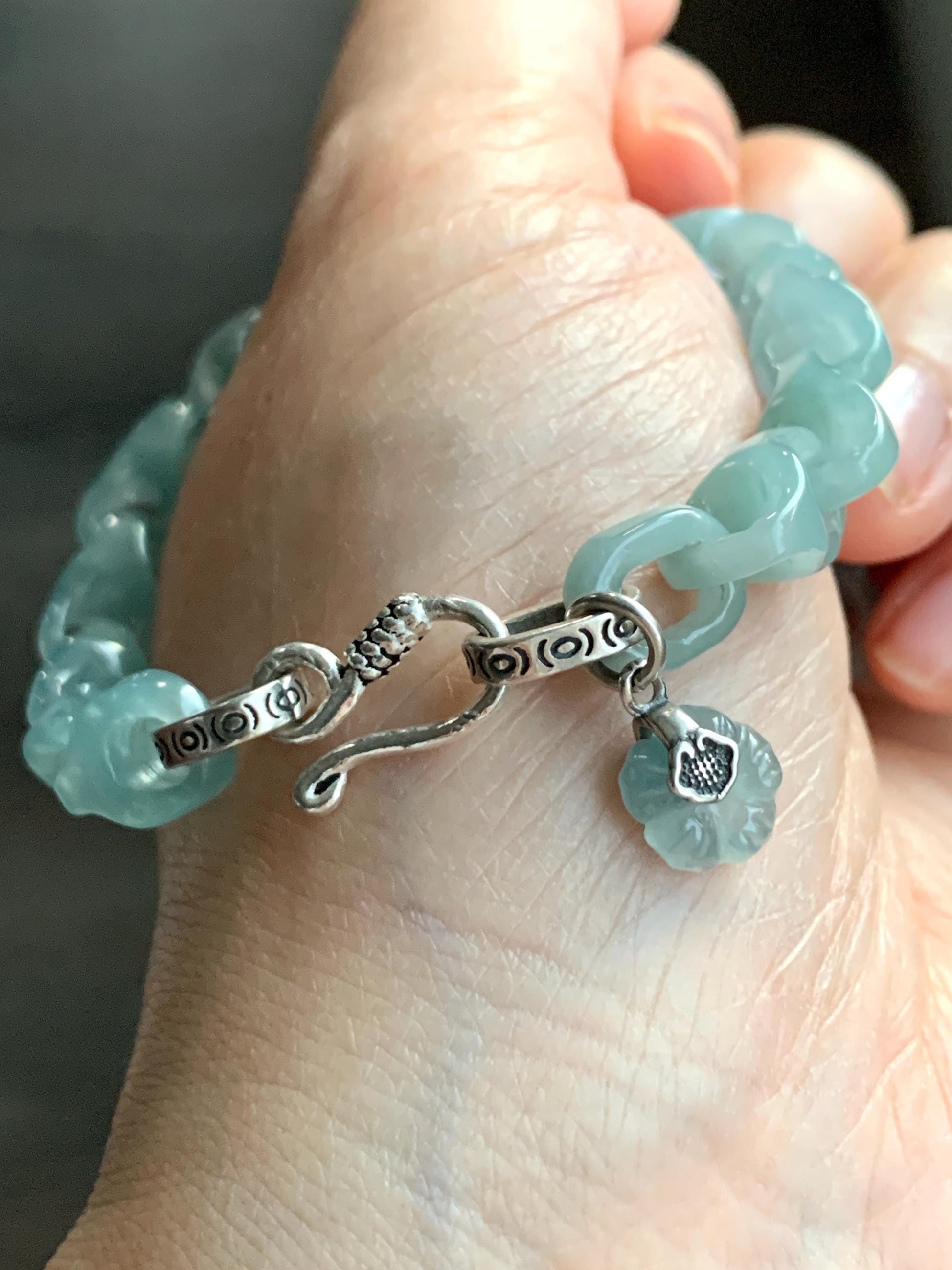 Certified Natural Guatemalan Icy Premium Teal Jadeite Carved Interlocking Dragon Bone Link Bracelet Sterling Silver 20g 天然冰胶危蓝绿翡翠龙骨链手链 1695