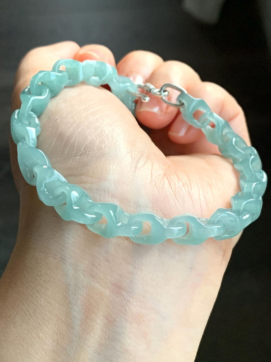 Certified Natural Guatemalan Icy Premium Teal Jadeite Carved Interlocking Dragon Bone Link Bracelet Sterling Silver 20g 天然冰胶危蓝绿翡翠龙骨链手链 1695