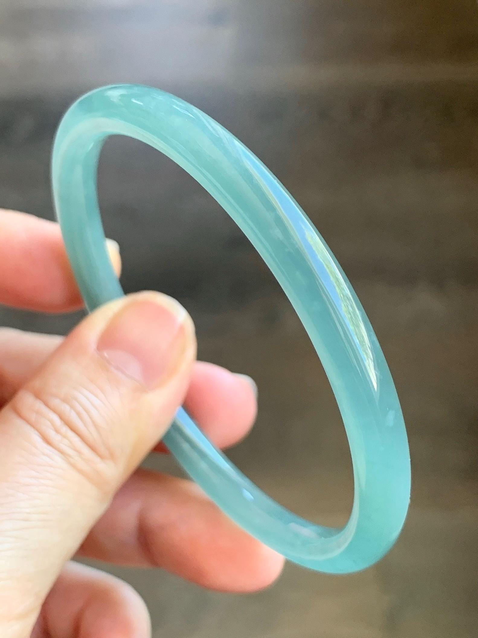 Certified Natural Grade A Guatemalan Icy Premium Gelatinous Light Teal Green Jade Jadeite Bangle 59.3mm 7.25” 20.4g 天然冰胶危蓝绿翡翠圆条手镯 1532