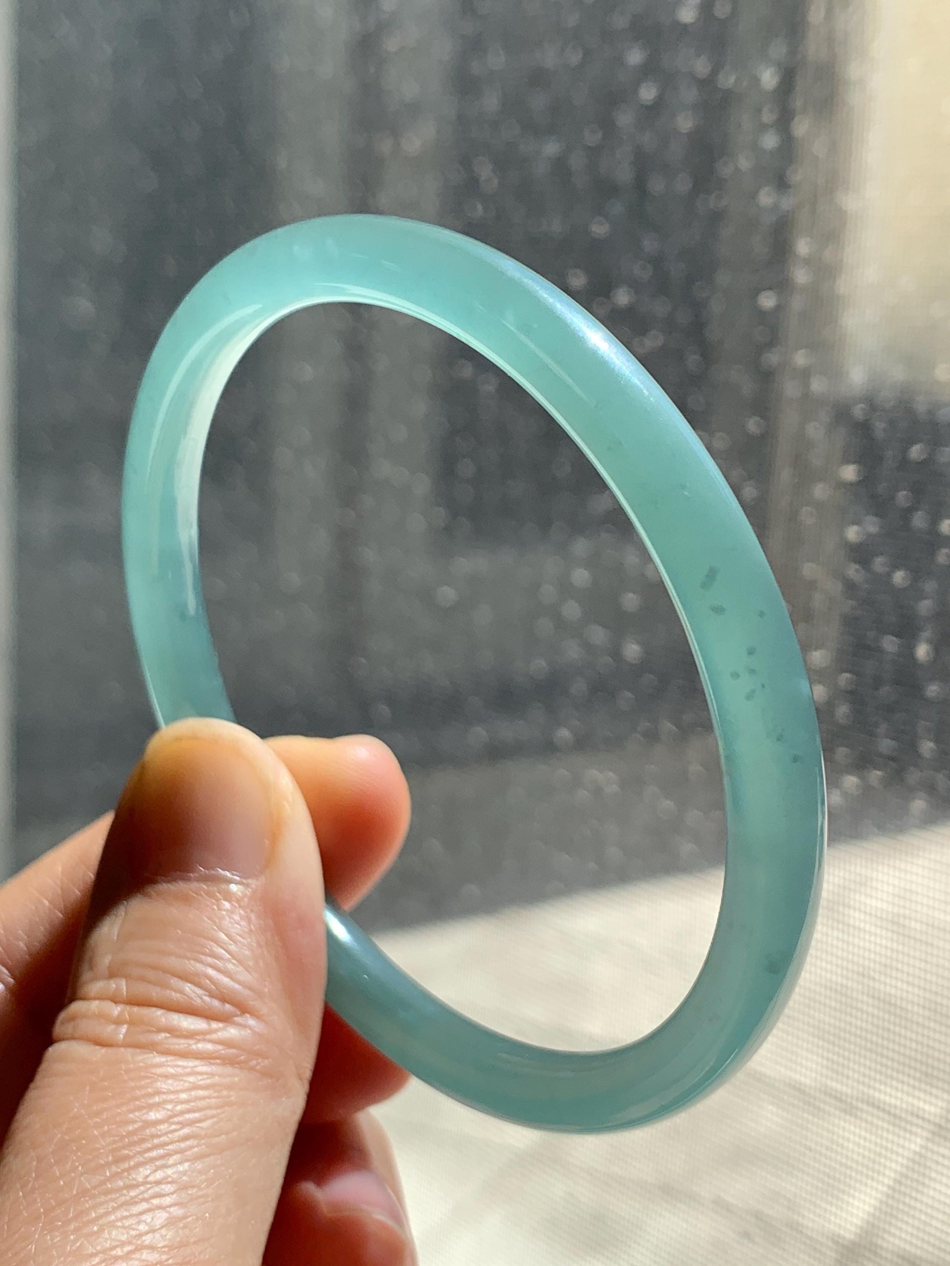 Certified Natural Grade A Guatemalan Icy Premium Gelatinous Light Teal Green Jade Jadeite Bangle 59.3mm 7.25” 20.4g 天然冰胶危蓝绿翡翠圆条手镯 1532