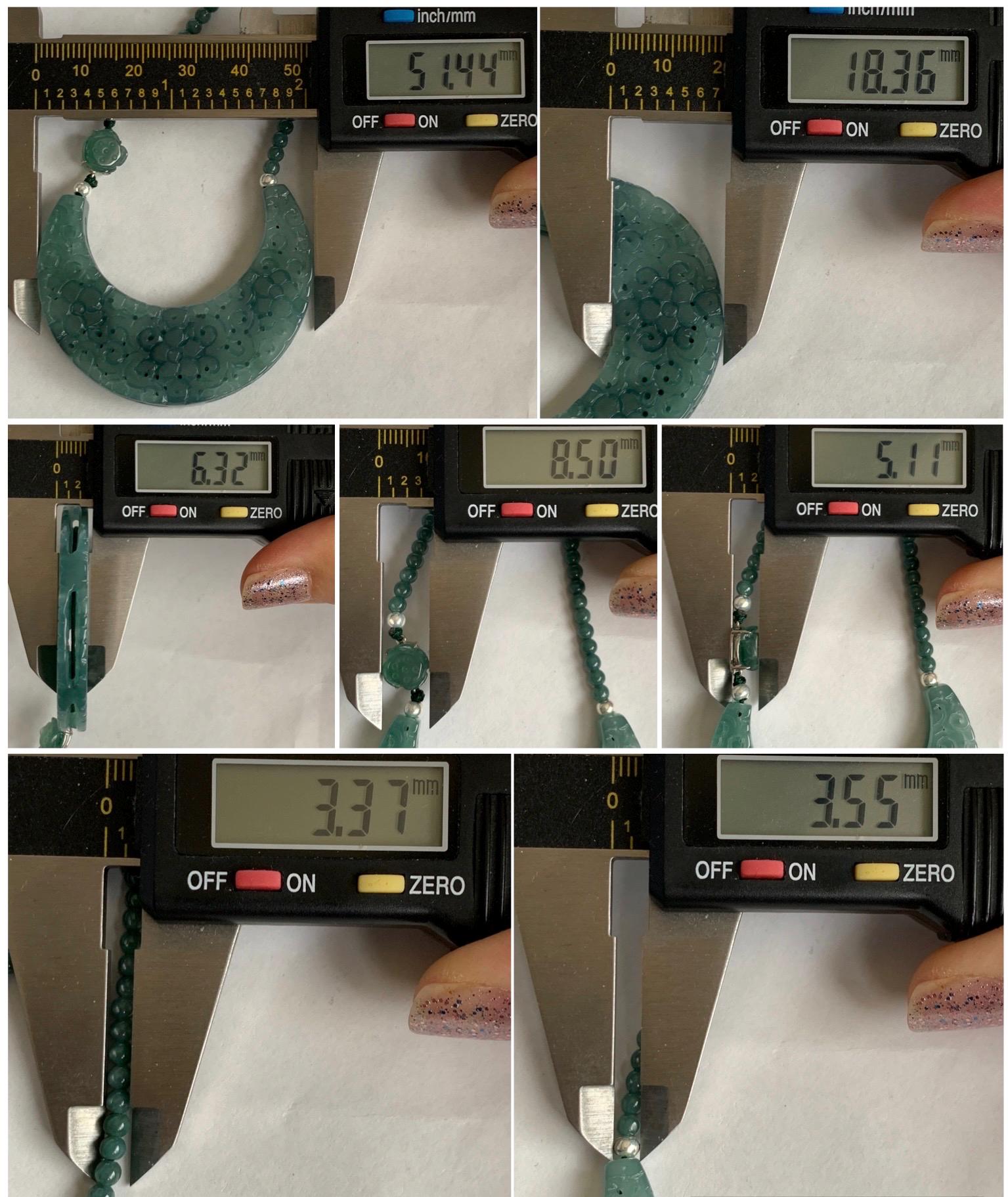 Natural Icy Translucent Teal Marbled Jadeite Openwork Engraved Crescent Moon Pendant Sterling Silver Beaded Necklace 天然冰胶蓝飘花翡翠玉横圆珠项链 MLLH823