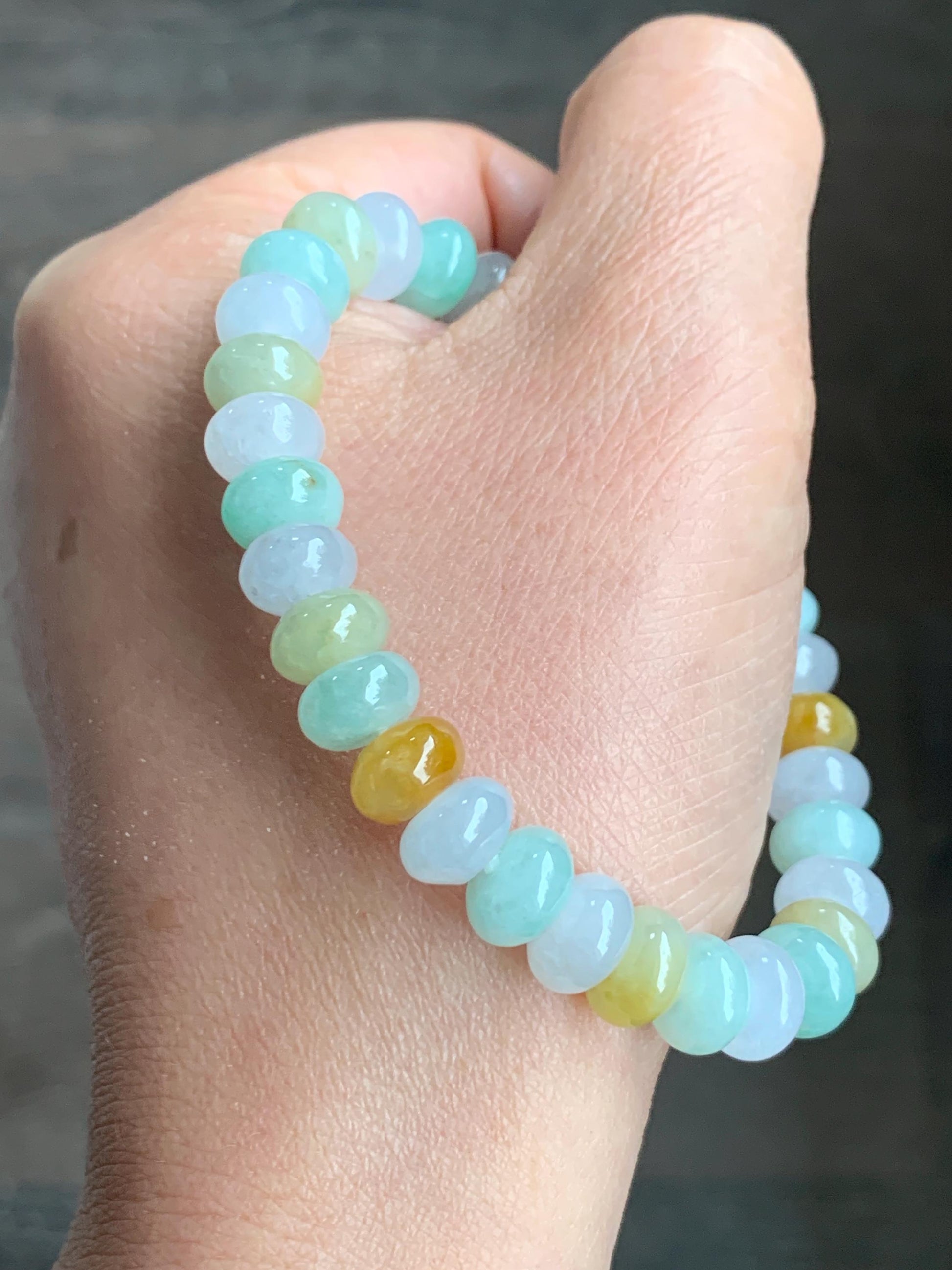 Certified Natural Grade A Icy Translucent Multicolored Jadeite Large Drum Beads Beaded Bracelet 8.9x5mm 7” 27 grams 天然冰胶多宝翡翠大卡鼓珠手串 1123