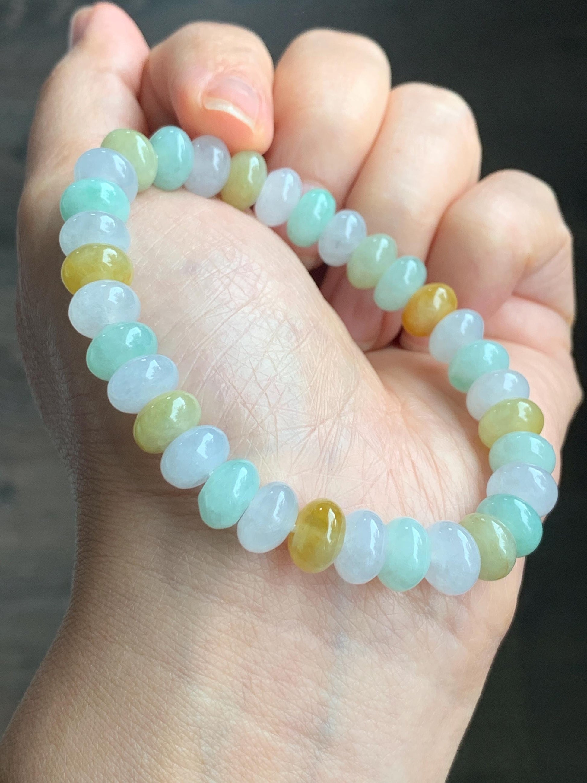 Certified Natural Grade A Icy Translucent Multicolored Jadeite Large Drum Beads Beaded Bracelet 8.9x5mm 7” 27 grams 天然冰胶多宝翡翠大卡鼓珠手串 1123