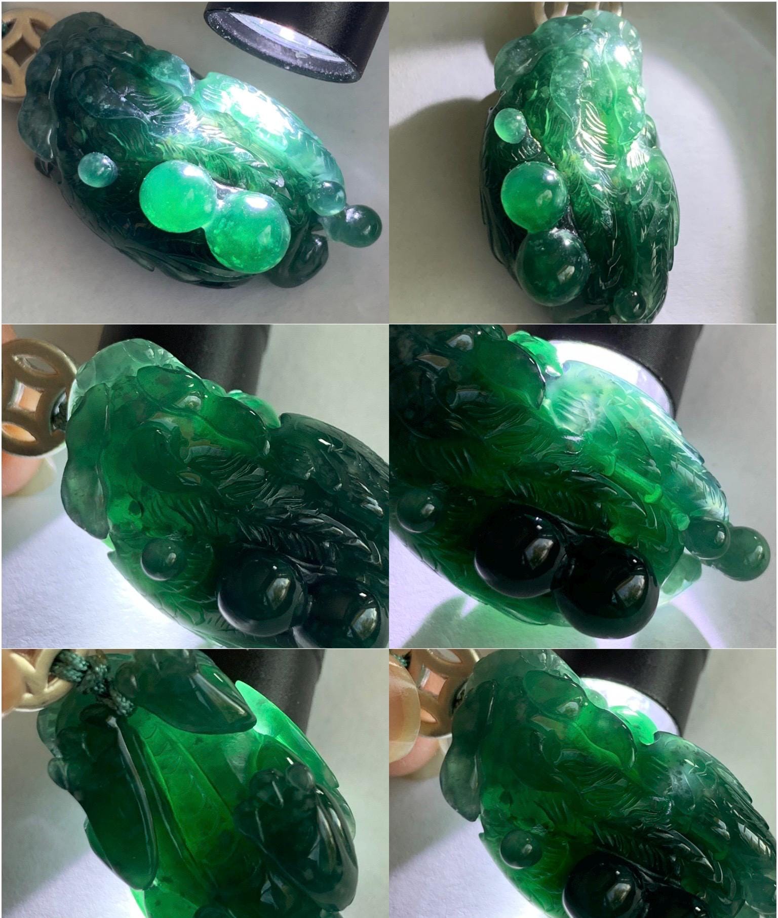 Natural Grade A Guatemalan Icy Translucent Dark Teal Green Jadeite Pixiu w/ Wings Pendant Rope Necklace 26" 20g 天然老种冰危深蓝绿翡翠飞天貔貅吊坠 FTP288