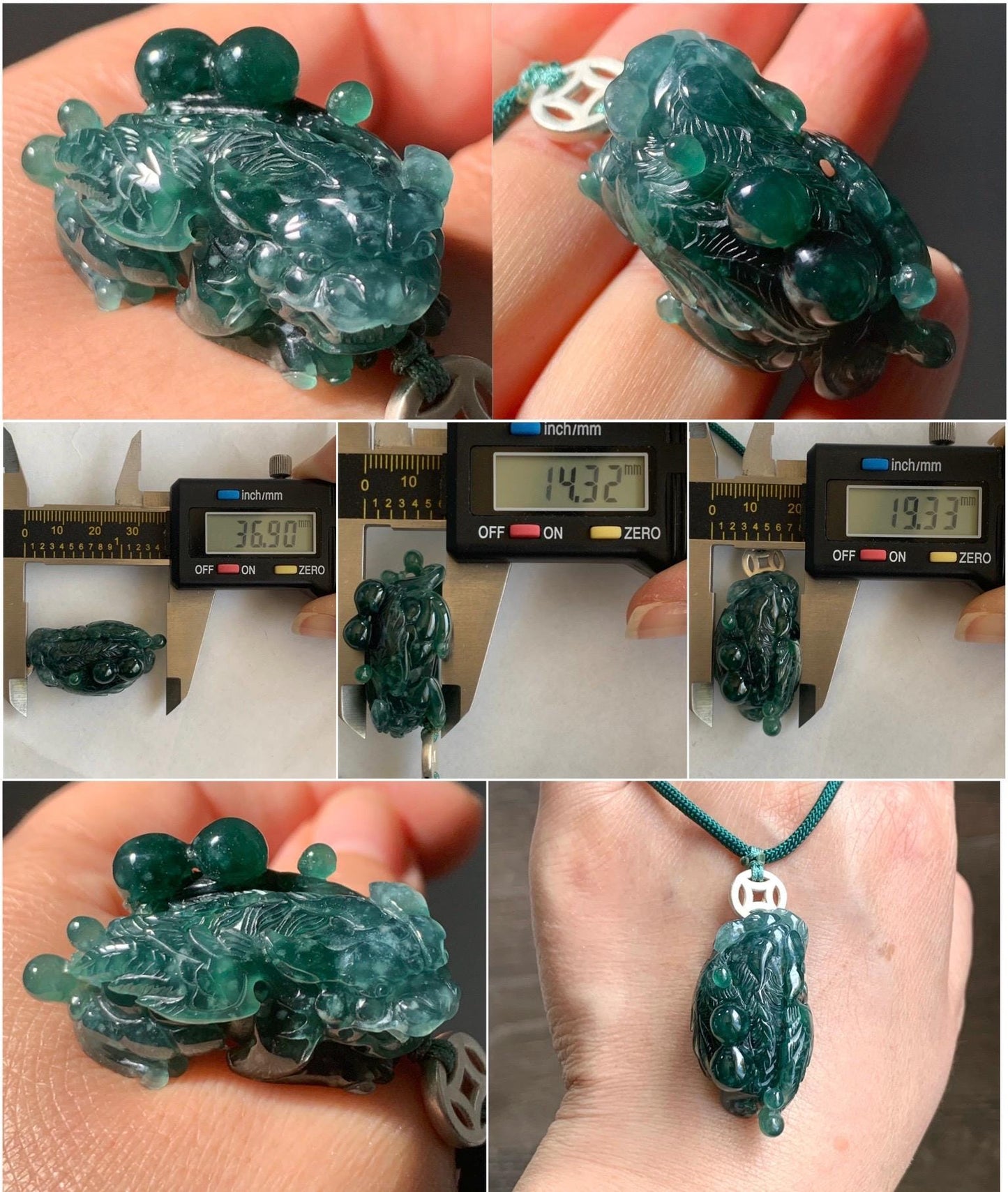 Natural Grade A Guatemalan Icy Translucent Dark Teal Green Jadeite Pixiu w/ Wings Pendant Rope Necklace 26" 20g 天然老种冰危深蓝绿翡翠飞天貔貅吊坠 FTP288