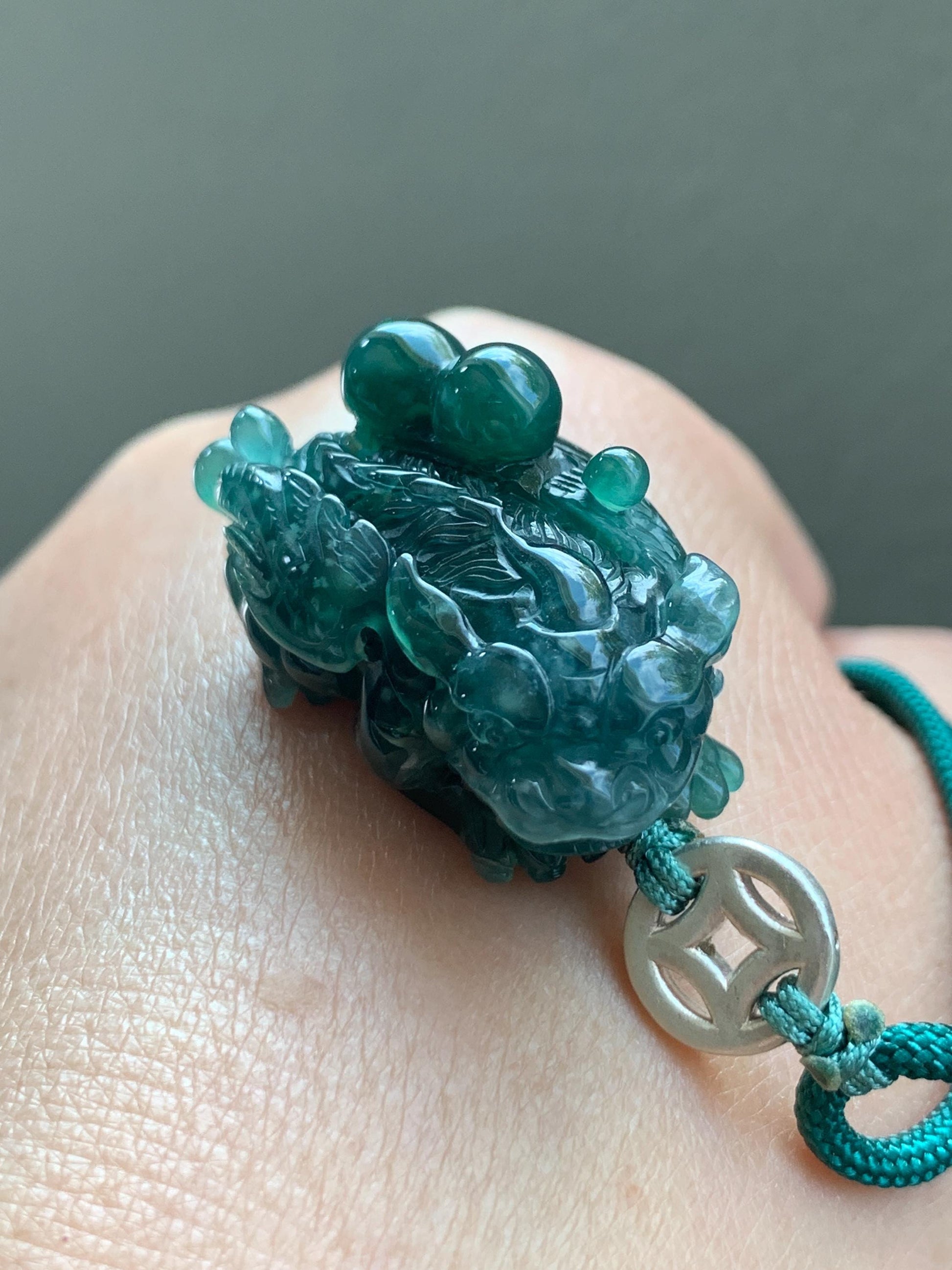 Natural Grade A Guatemalan Icy Translucent Dark Teal Green Jadeite Pixiu w/ Wings Pendant Rope Necklace 26" 20g 天然老种冰危深蓝绿翡翠飞天貔貅吊坠 FTP288