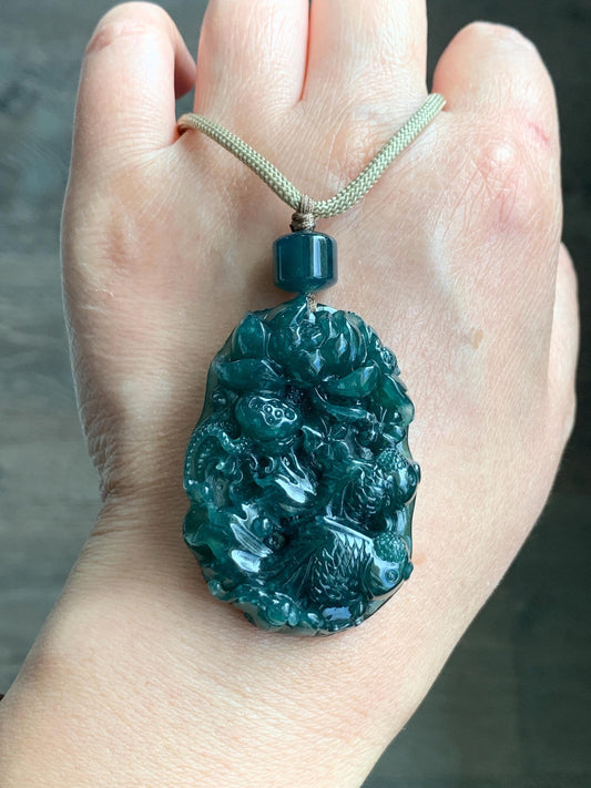 Certified Natural Guatemalan Icy Translucent Dark Teal Blue Jadeite Lotus Flower Goldfish Pendant Rope Necklace 29” 28g 天然冰危深蓝翡翠莲花鱼吊坠 1514