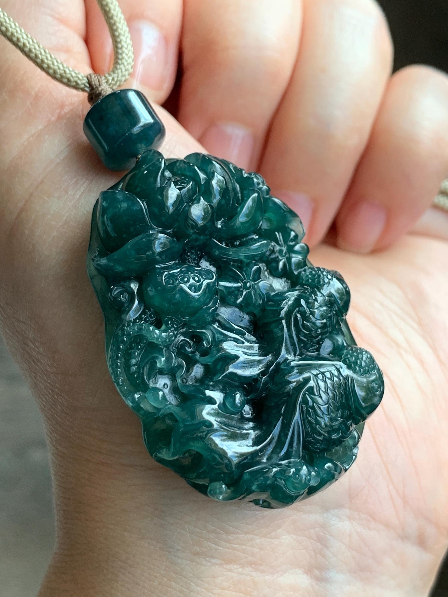 Certified Natural Guatemalan Icy Translucent Dark Teal Blue Jadeite Lotus Flower Goldfish Pendant Rope Necklace 29” 28g 天然冰危深蓝翡翠莲花鱼吊坠 1514