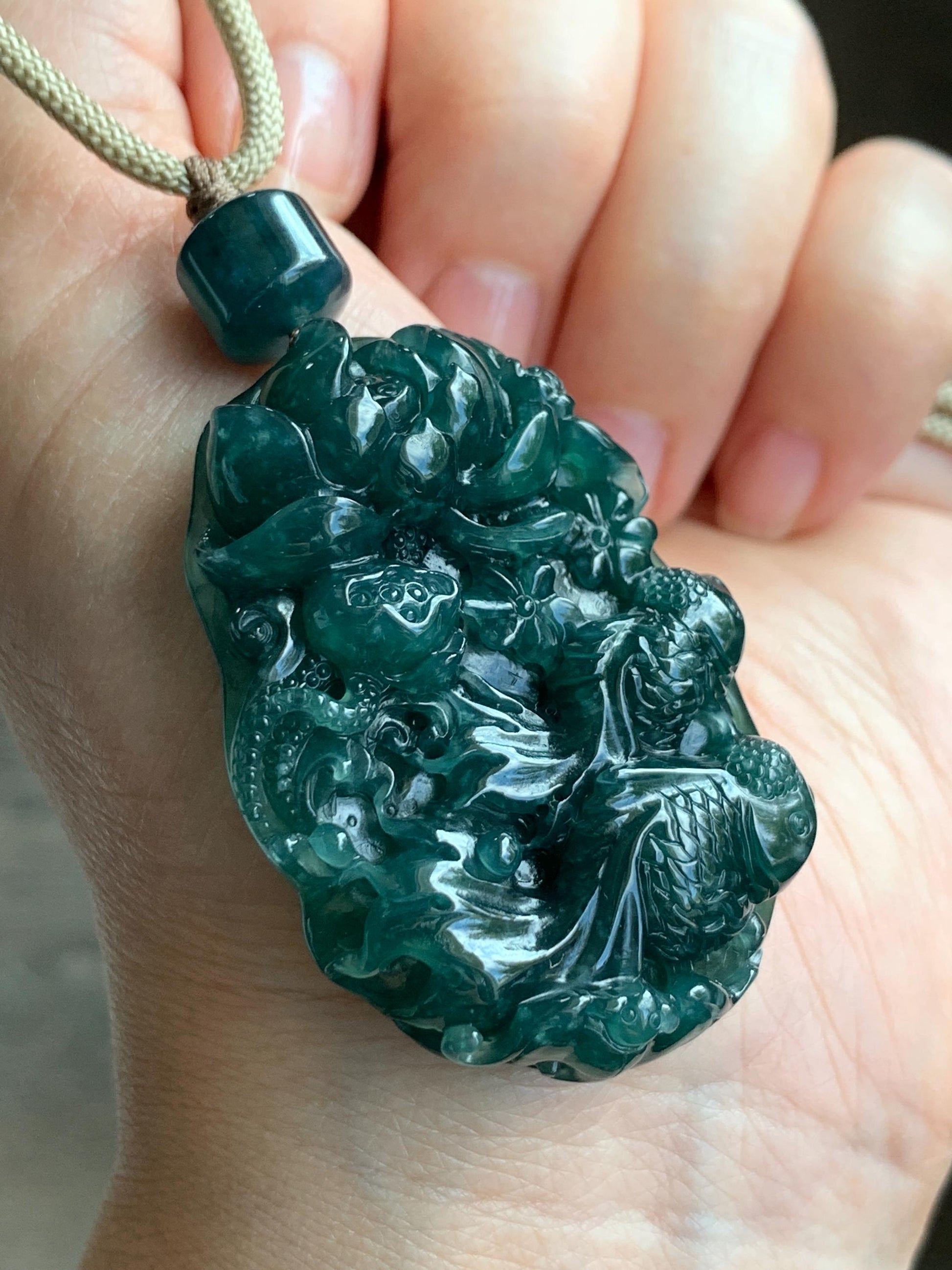 Certified Natural Guatemalan Icy Translucent Dark Teal Blue Jadeite Lotus Flower Goldfish Pendant Rope Necklace 29” 28g 天然冰危深蓝翡翠莲花鱼吊坠 1514