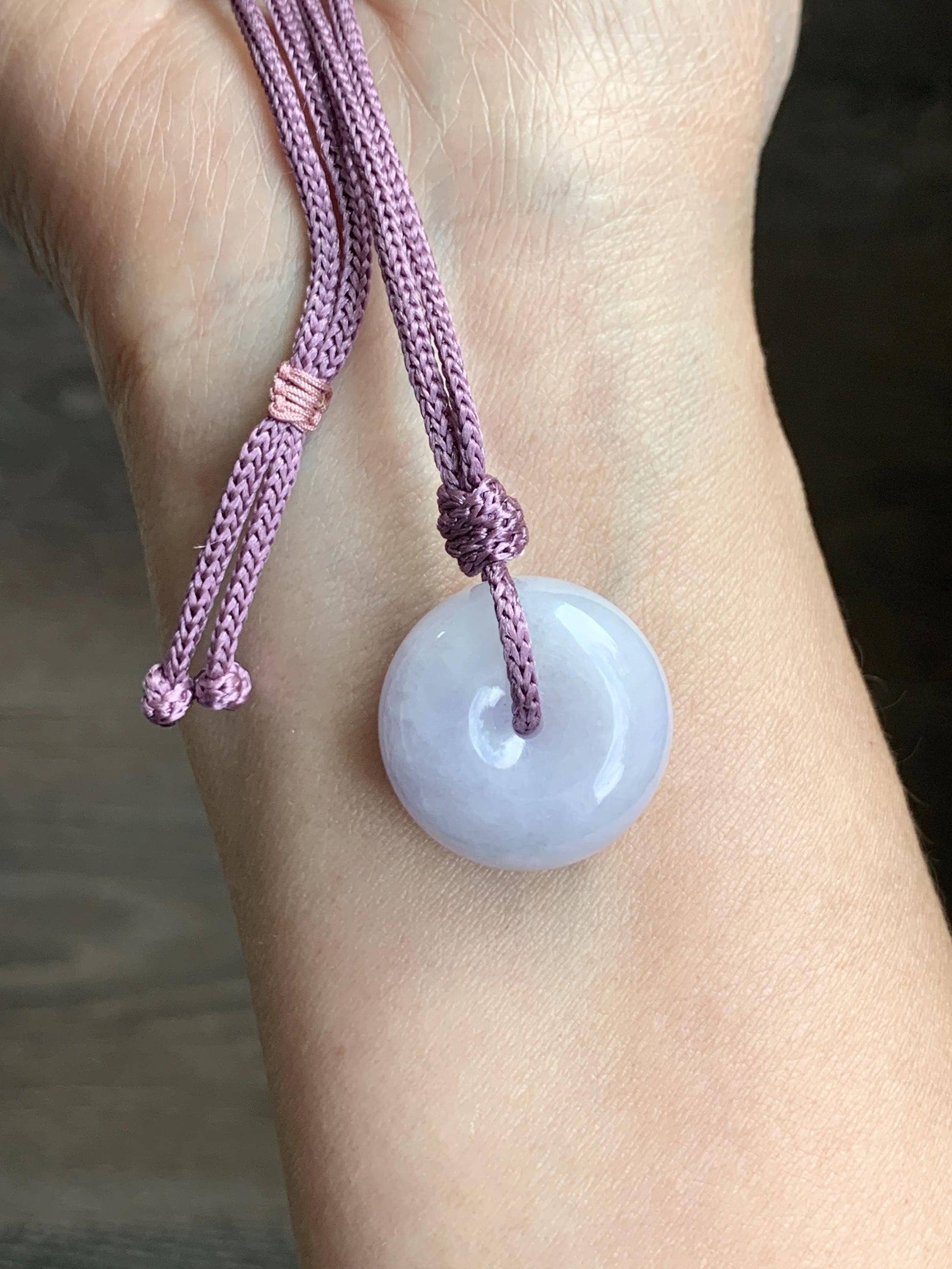 Certified Natural Grade A Icy Translucent Light Purple Jadeite Ping An Kou Thick Donut Pendant Rope Necklace 25” 12g 天然冰紫翡翠厚平安扣吊坠 1511