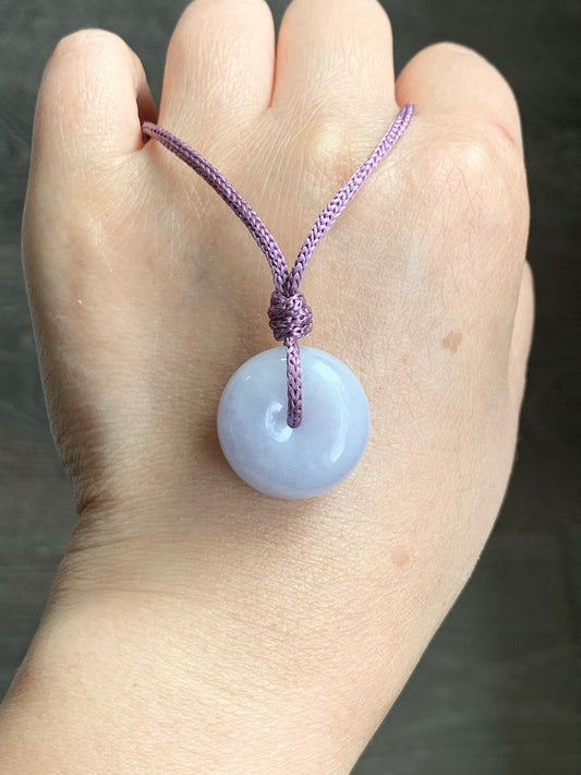 Certified Natural Grade A Icy Translucent Light Purple Jadeite Ping An Kou Thick Donut Pendant Rope Necklace 25” 12g 天然冰紫翡翠厚平安扣吊坠 1511