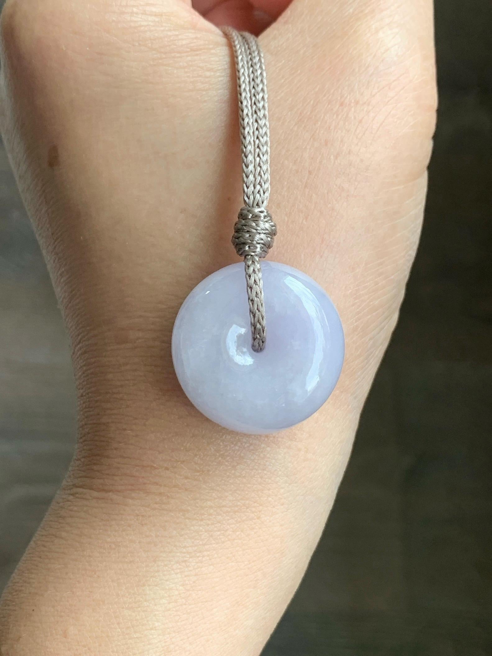 Certified Natural Grade A Icy Translucent Light Purple Jadeite Ping An Kou Thick Donut Pendant Rope Necklace 26” 13.9g 天然冰紫翡翠厚平安扣吊坠 1509