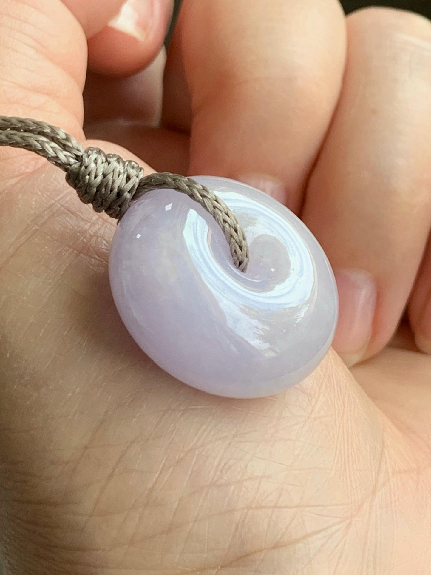 Certified Natural Grade A Icy Translucent Light Purple Jadeite Ping An Kou Thick Donut Pendant Rope Necklace 26” 13.9g 天然冰紫翡翠厚平安扣吊坠 1509