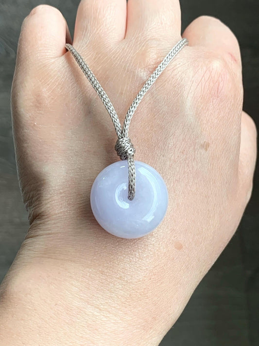 Certified Natural Grade A Icy Translucent Light Purple Jadeite Ping An Kou Thick Donut Pendant Rope Necklace 26” 13.9g 天然冰紫翡翠厚平安扣吊坠 1509