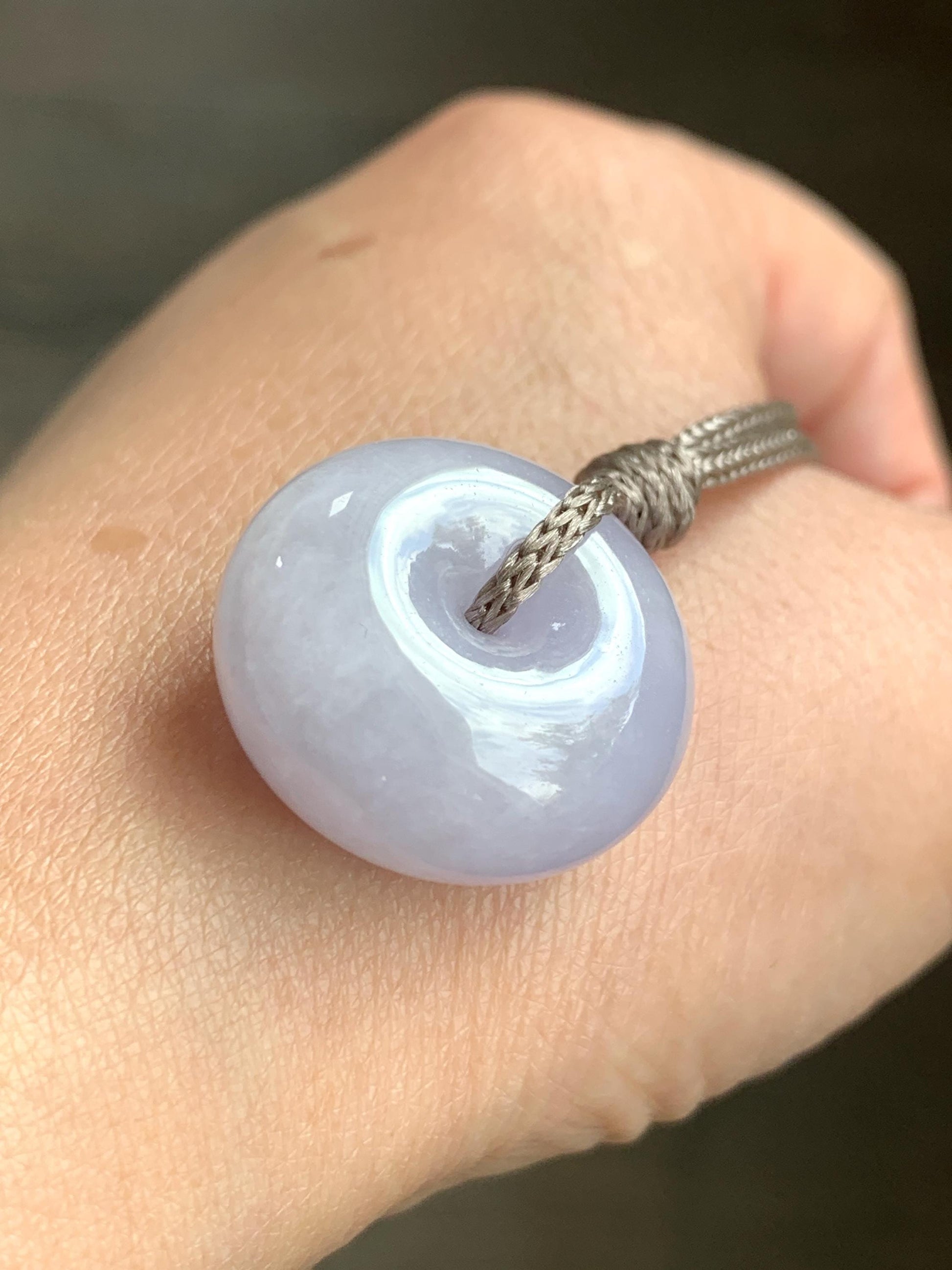 Certified Natural Grade A Icy Translucent Light Purple Jadeite Ping An Kou Thick Donut Pendant Rope Necklace 26” 13.9g 天然冰紫翡翠厚平安扣吊坠 1509
