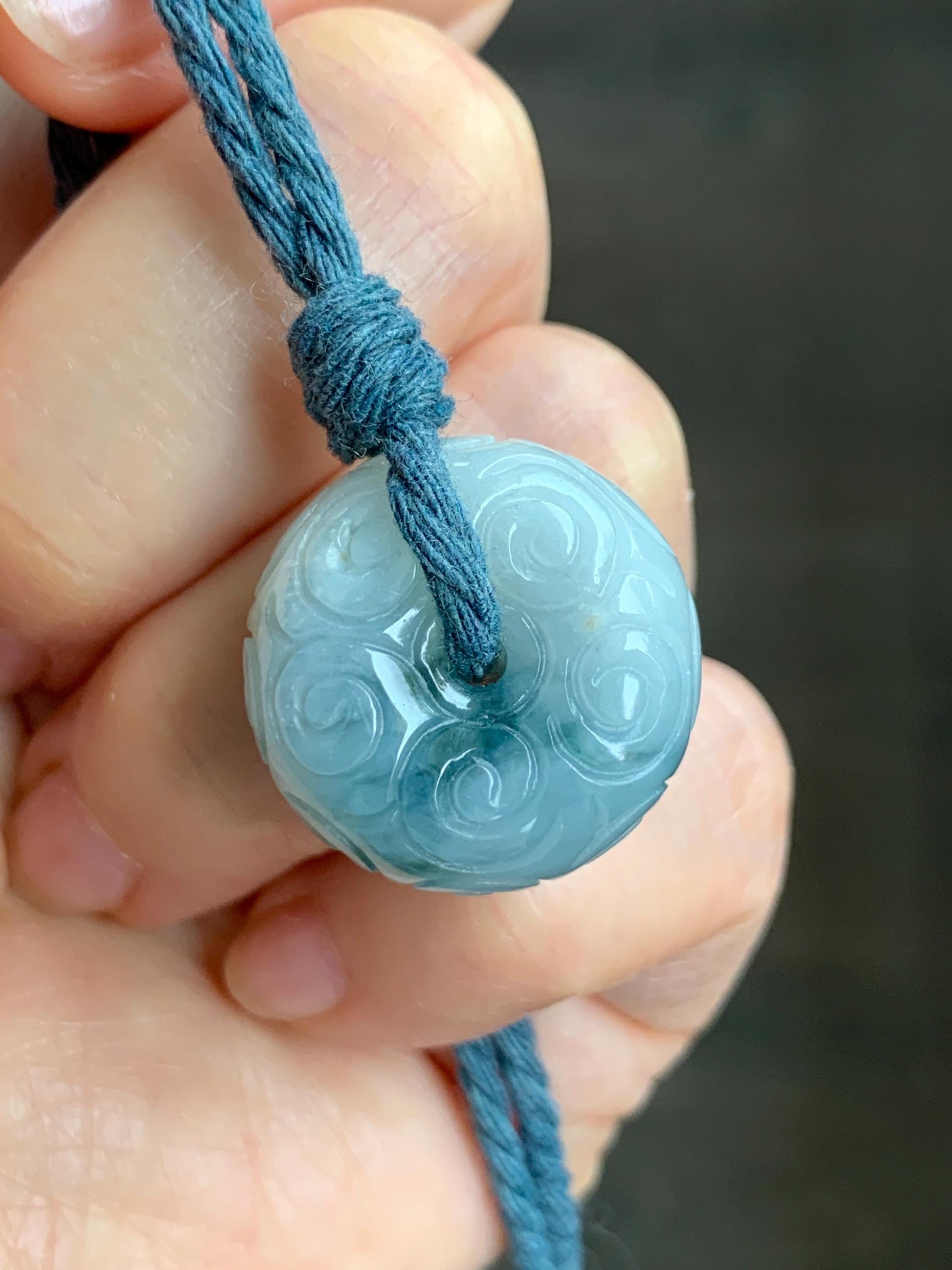 Natural Icy Translucent Pastel Blue Dark Blue Marbled Jadeite Engraved Ping An Kou Donut Pendant Rope Necklace 24” 13g 天然淡蓝飘花翡翠仿古雕平安扣吊坠 A