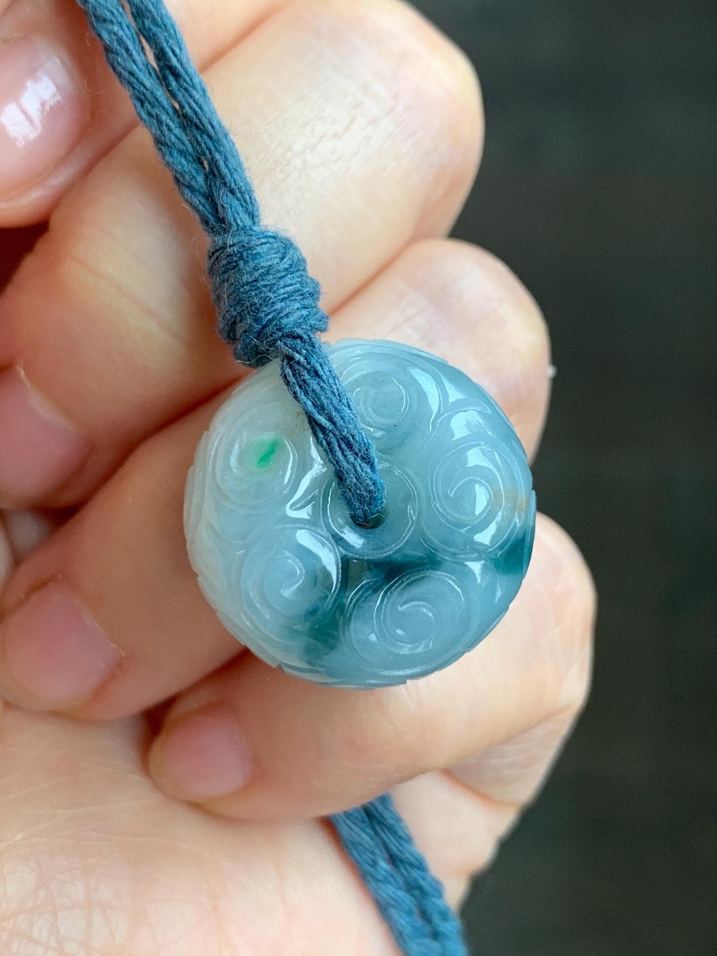 Natural Icy Translucent Pastel Blue Dark Blue Marbled Jadeite Engraved Ping An Kou Donut Pendant Rope Necklace 24” 13g 天然淡蓝飘花翡翠仿古雕平安扣吊坠 A