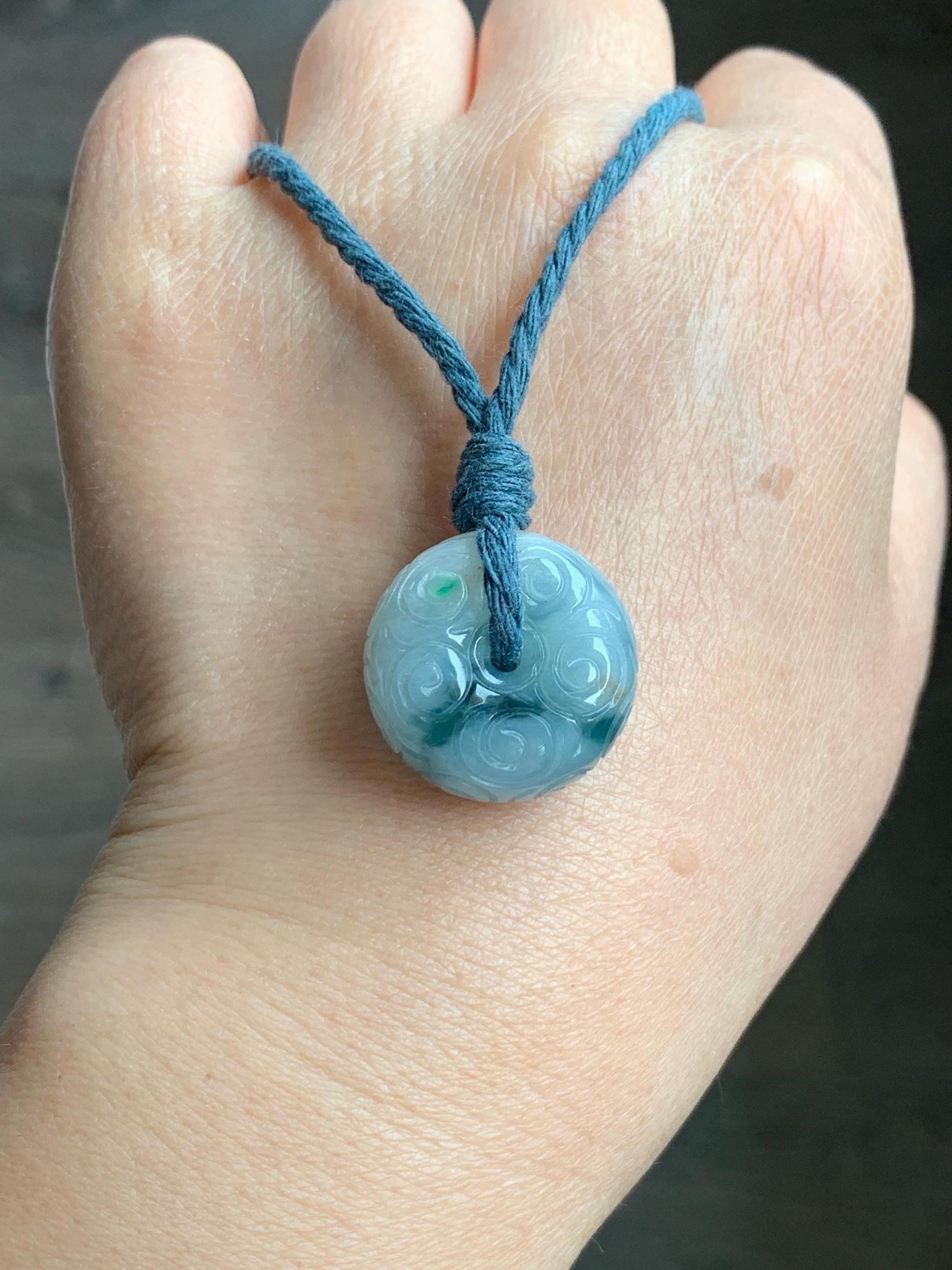 Natural Icy Translucent Pastel Blue Dark Blue Marbled Jadeite Engraved Ping An Kou Donut Pendant Rope Necklace 24” 13g 天然淡蓝飘花翡翠仿古雕平安扣吊坠 A