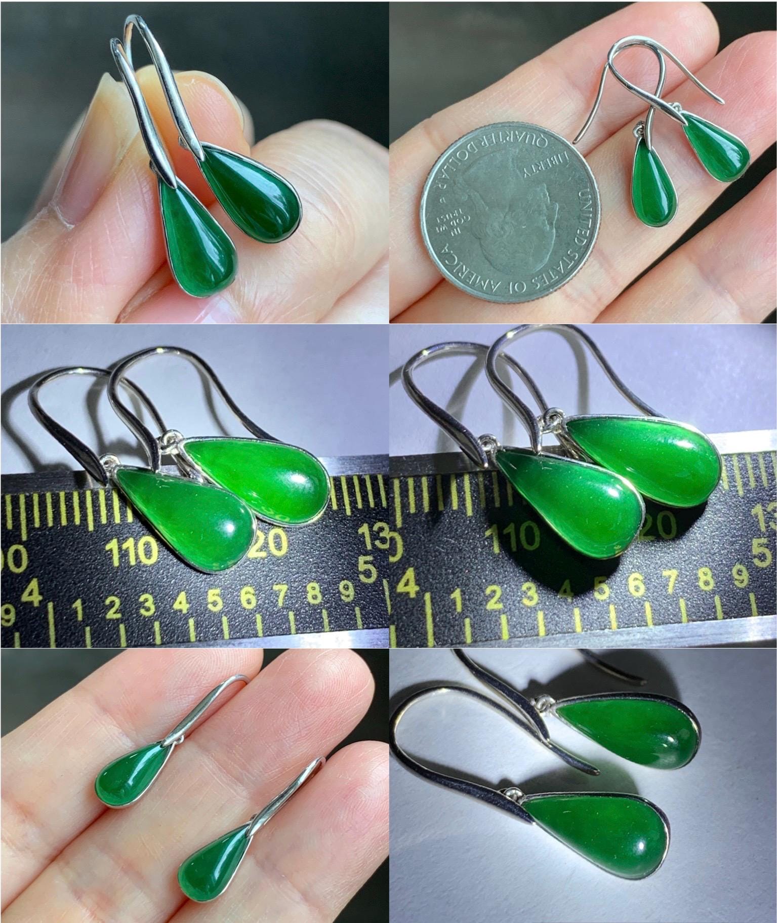 Certified Natural Guatemalan Icy Translucent Vibrant Green Jade Jadeite Teardrop Dangle Hook Earrings Sterling Silver 天然冰危绿翡翠水滴银镶耳钩耳吊 7432