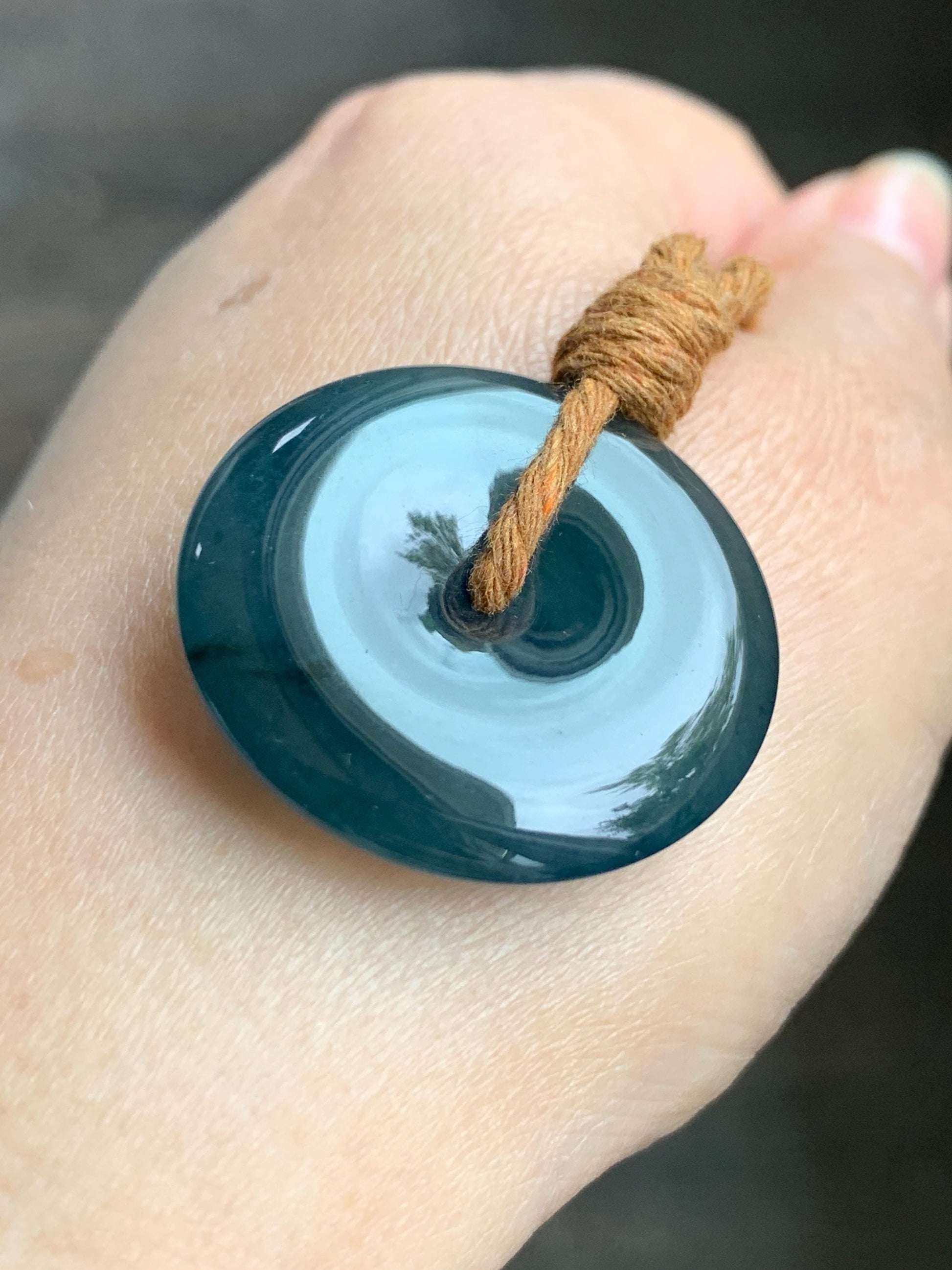 Natural Grade A Guatemalan Icy Highly Translucent Dark Blue Jade Jadeite Ping An Kou Donut Pendant Rope Necklace 26" 天然冰危深蓝翡翠平安扣吊坠项链 MSZ477B