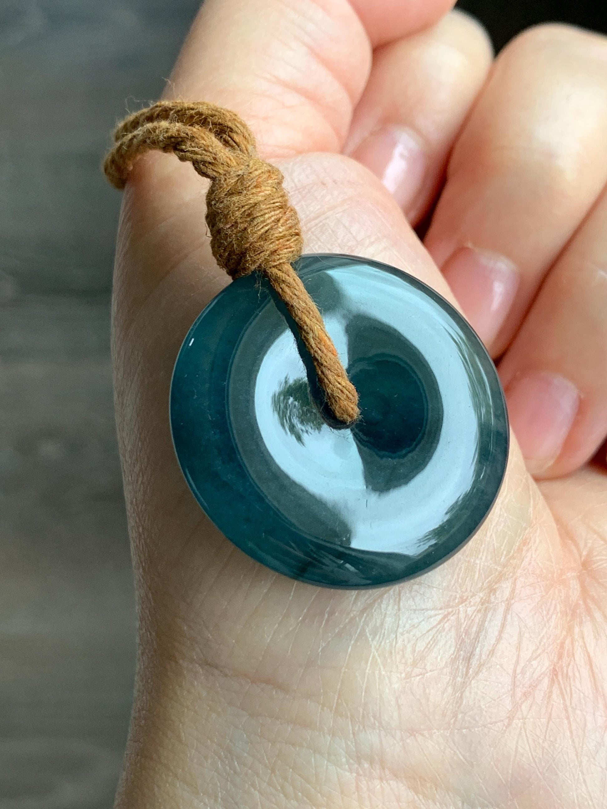 Natural Grade A Guatemalan Icy Highly Translucent Dark Blue Jade Jadeite Ping An Kou Donut Pendant Rope Necklace 26" 天然冰危深蓝翡翠平安扣吊坠项链 MSZ477B