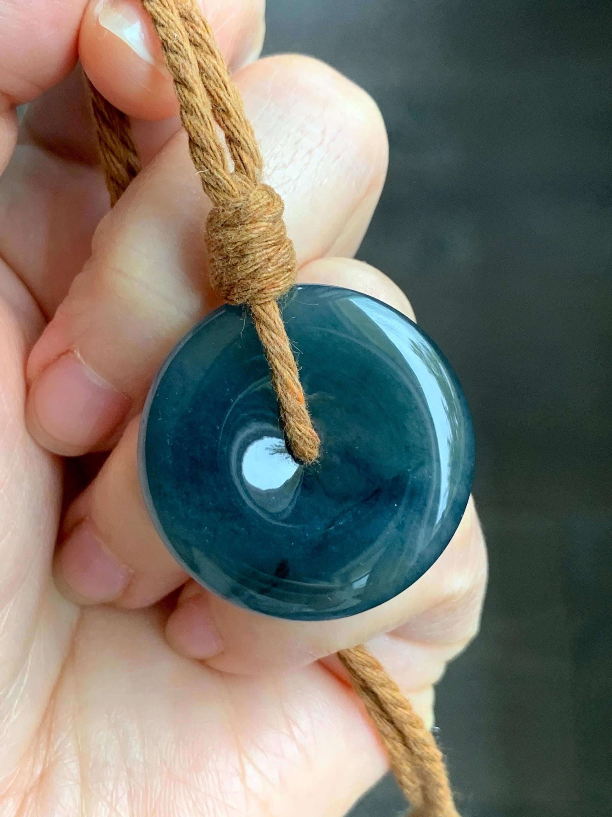 Natural Grade A Guatemalan Icy Highly Translucent Dark Blue Jade Jadeite Ping An Kou Donut Pendant Rope Necklace 26" 天然冰危深蓝翡翠平安扣吊坠项链 MSZ477B