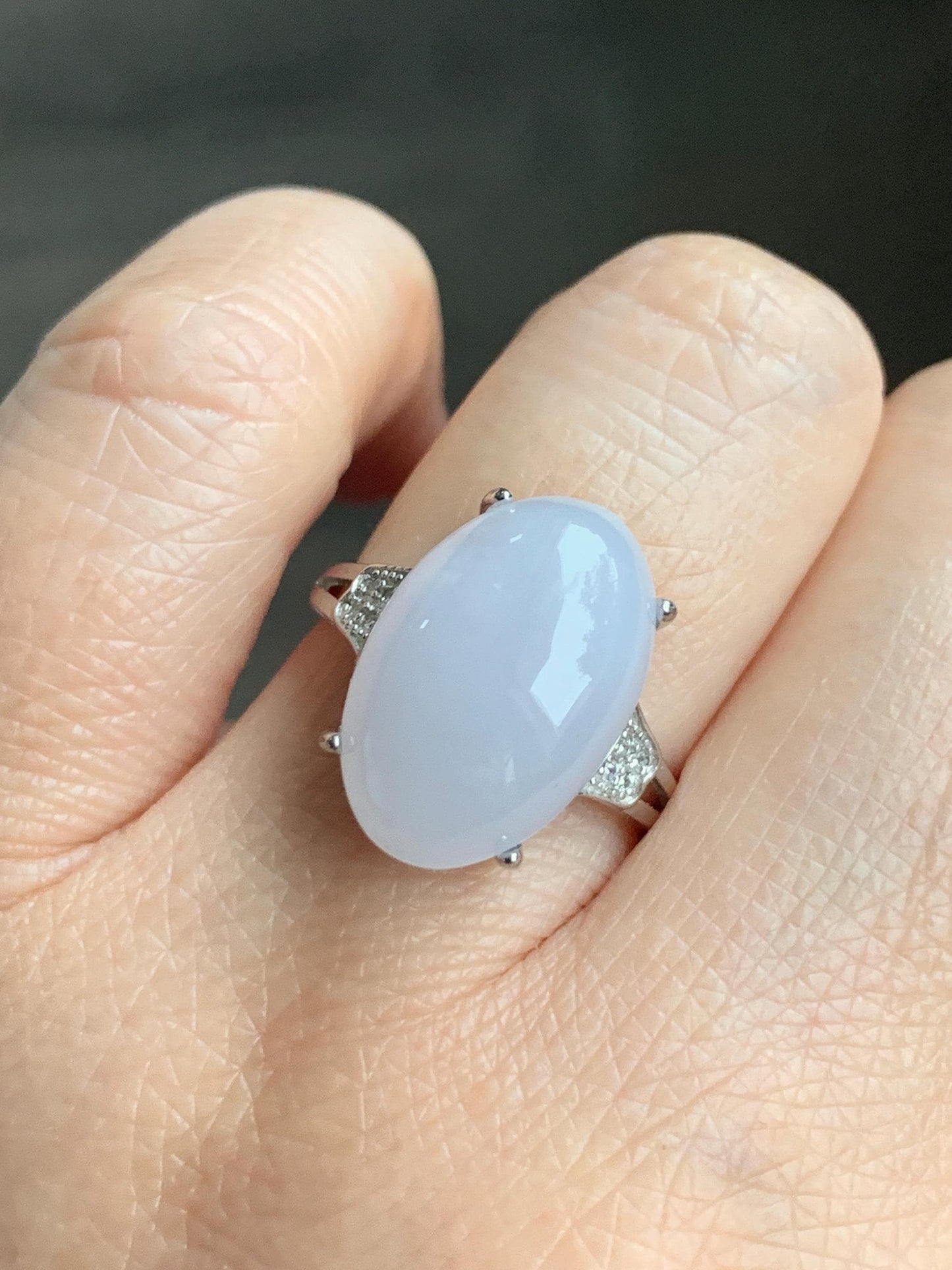Natural Grade A Icy Translucent Pastel Purple Undertone Jadeite Oval Cabochon Ring Sterling Silver Size Adjustable 天然冰淡紫底翡翠大蛋面银镶戒指 DDZ-A