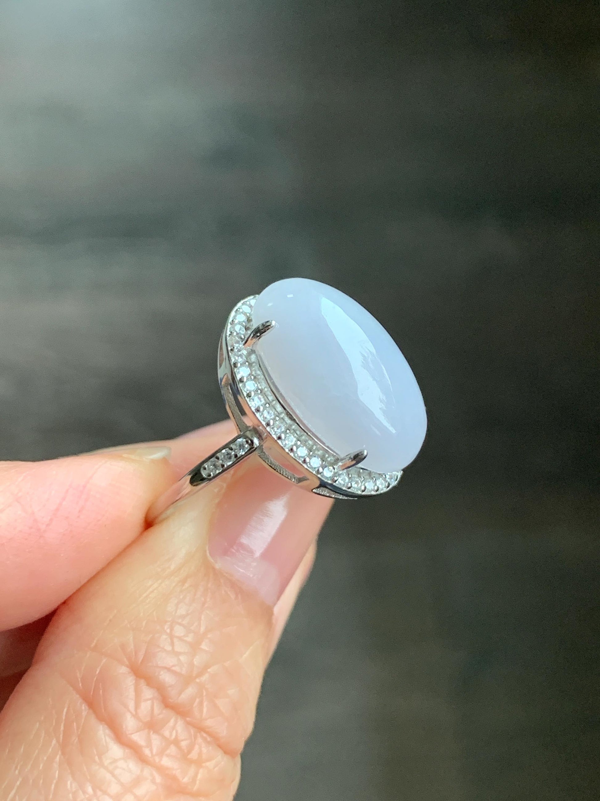 Natural Grade A Icy Translucent Pastel Purple Undertone Jadeite Oval Cabochon Ring Sterling Silver Size Adjustable 天然冰淡紫底翡翠大蛋面银镶戒指 DDZ-B