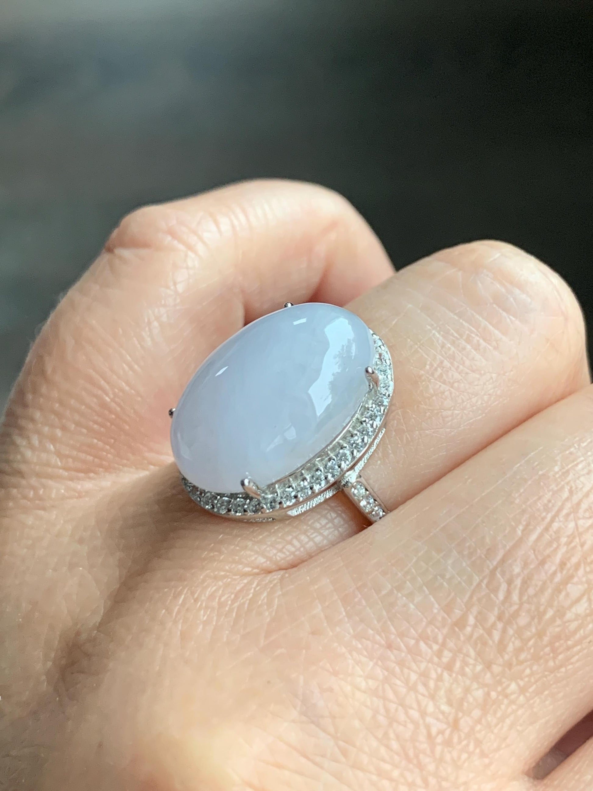 Natural Grade A Icy Translucent Pastel Purple Undertone Jadeite Oval Cabochon Ring Sterling Silver Size Adjustable 天然冰淡紫底翡翠大蛋面银镶戒指 DDZ-B