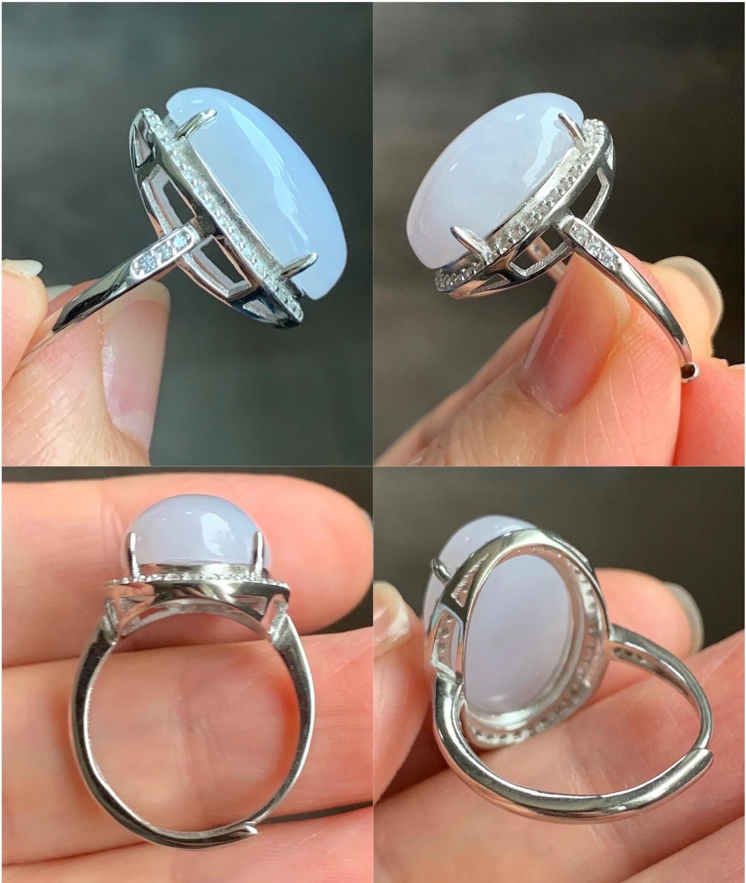 Natural Grade A Icy Translucent Pastel Purple Undertone Jadeite Oval Cabochon Ring Sterling Silver Size Adjustable 天然冰淡紫底翡翠大蛋面银镶戒指 DDZ-B