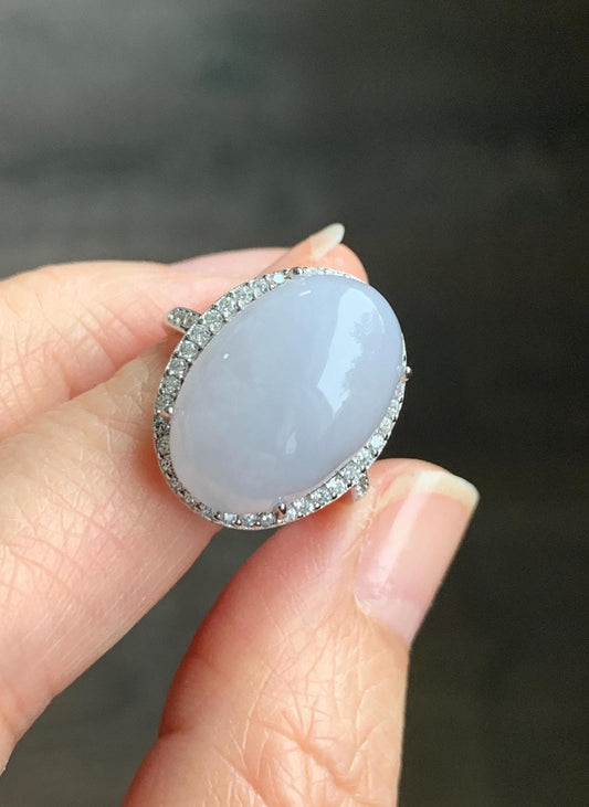 Natural Grade A Icy Translucent Pastel Purple Undertone Jadeite Oval Cabochon Ring Sterling Silver Size Adjustable 天然冰淡紫底翡翠大蛋面银镶戒指 DDZ-B