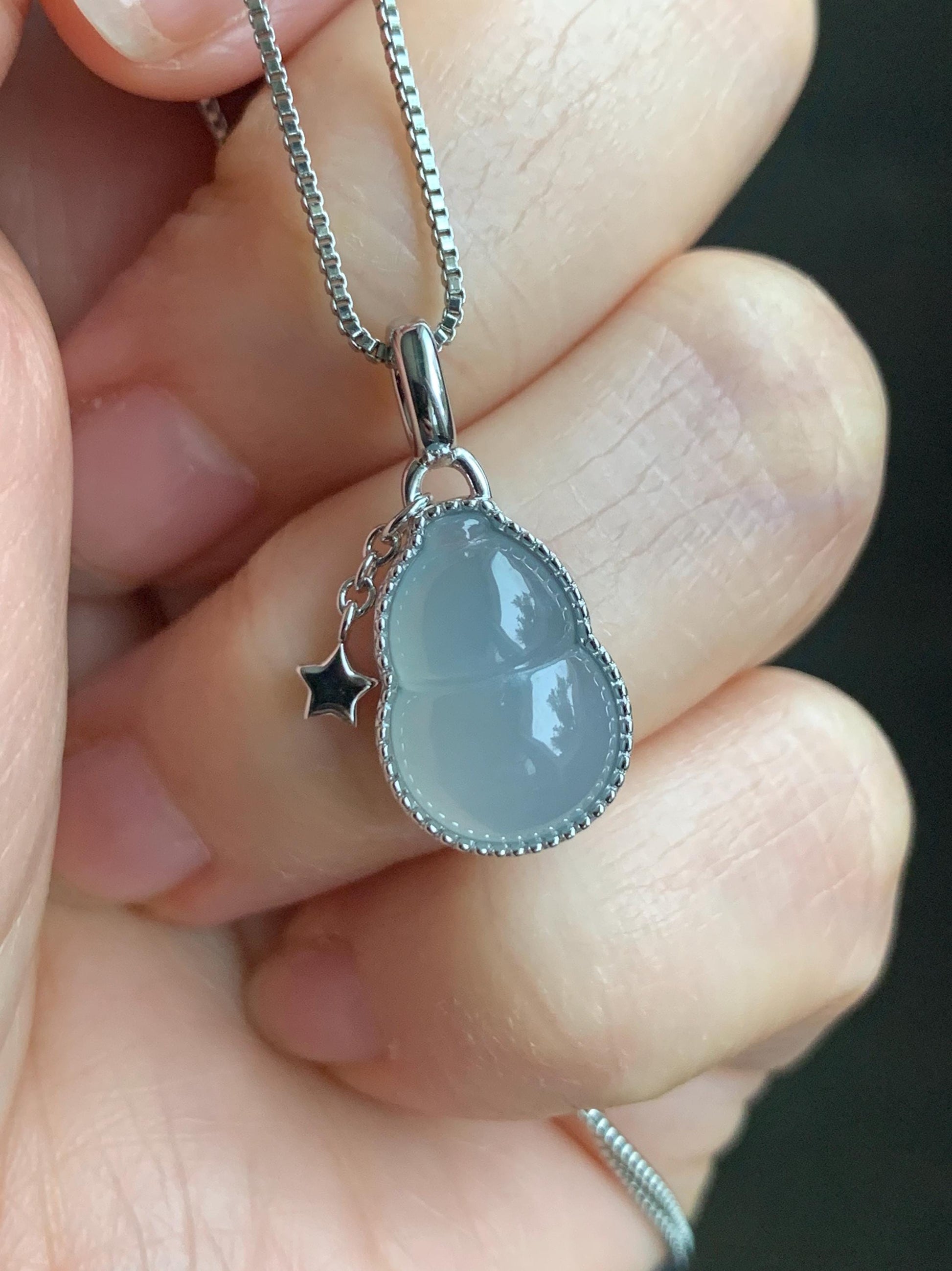 Certified Natural Grade A Icy Highly Translucent White Or Light Blue Jadeite Hulu Gourd Pendant Sterling Silver 天然起冰起光翡翠葫芦镶嵌吊坠