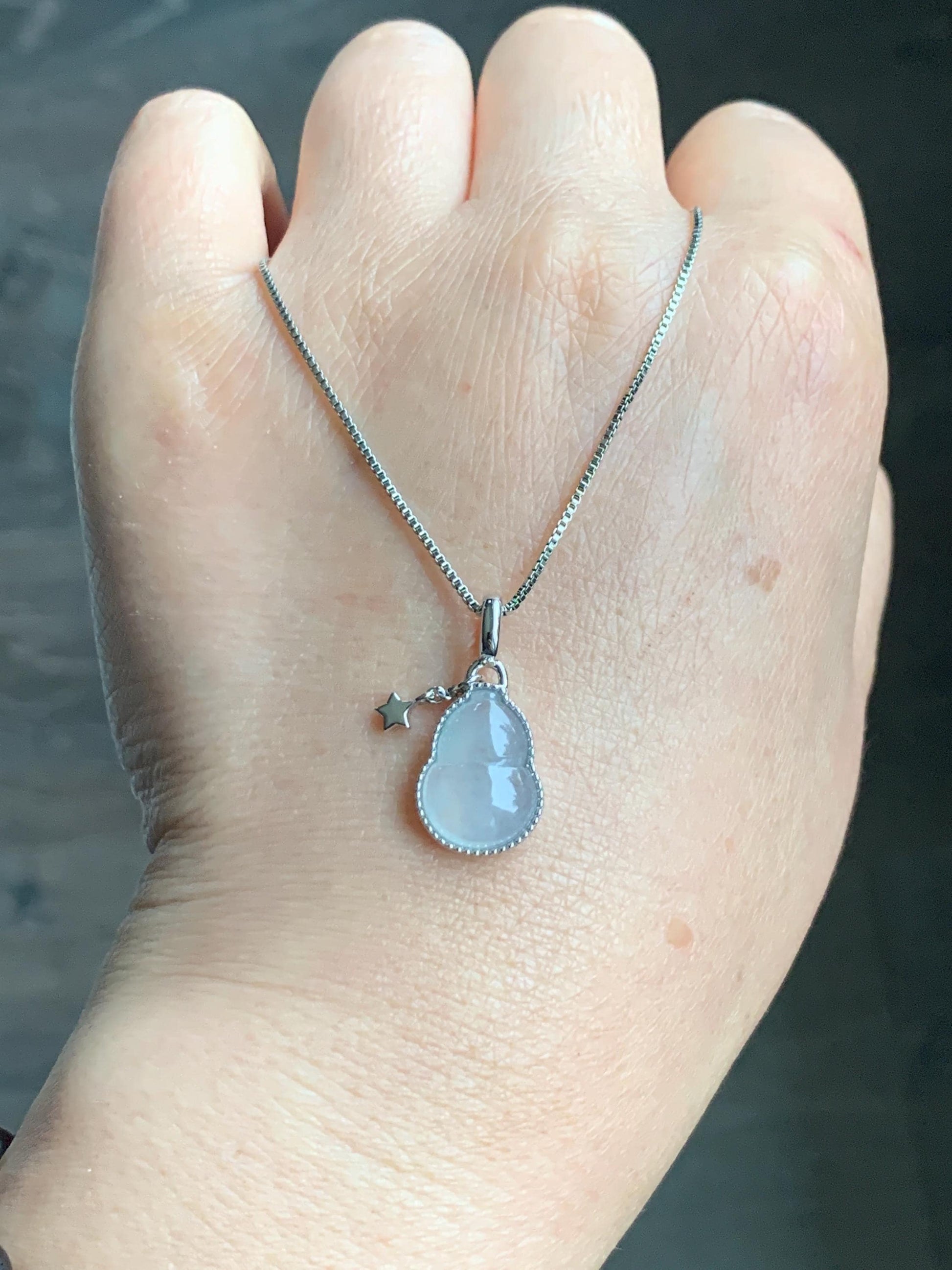 Certified Natural Grade A Icy Highly Translucent White Or Light Blue Jadeite Hulu Gourd Pendant Sterling Silver 天然起冰起光翡翠葫芦镶嵌吊坠