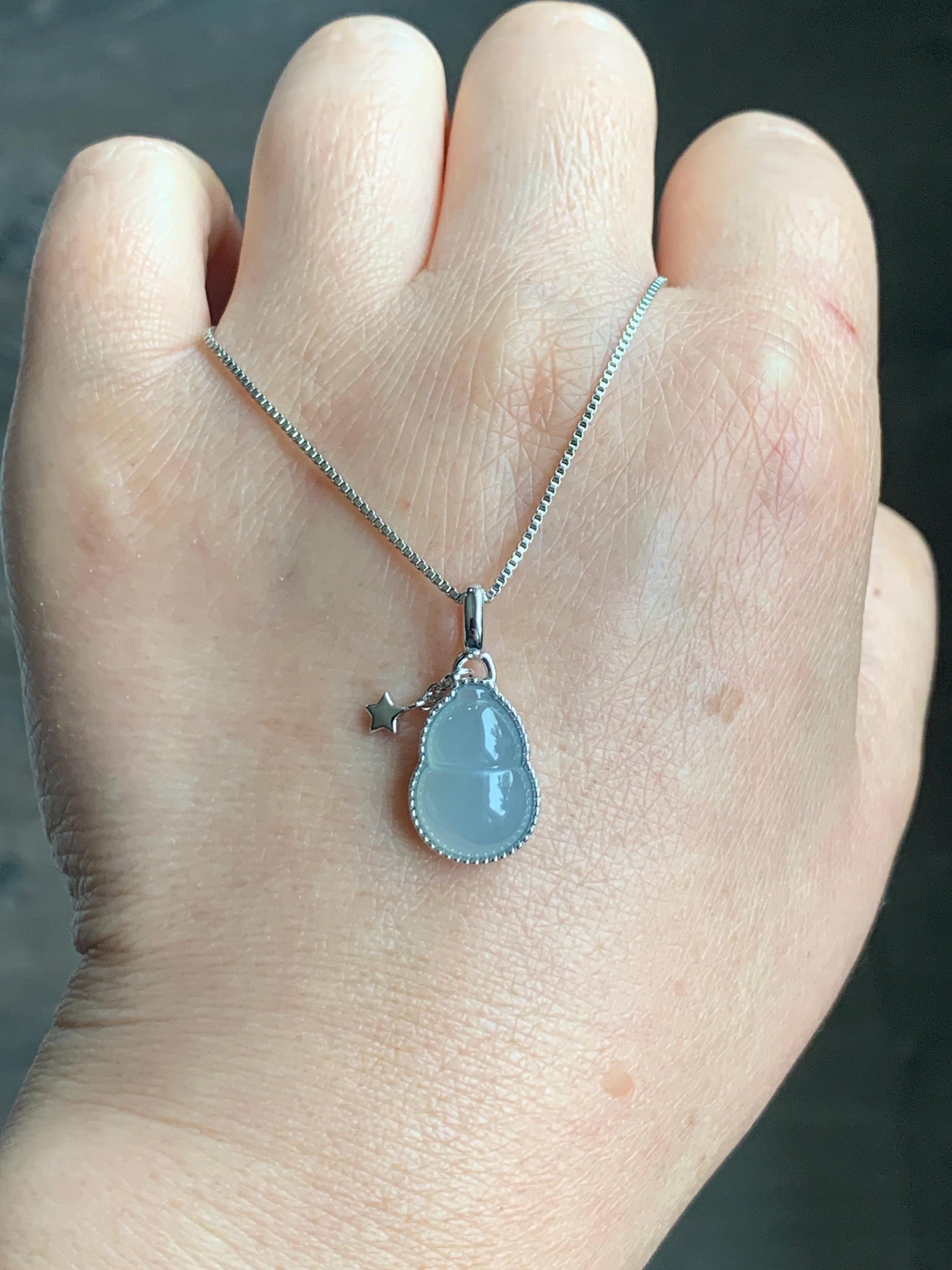 Certified Natural Grade A Icy Highly Translucent White Or Light Blue Jadeite Hulu Gourd Pendant Sterling Silver 天然起冰起光翡翠葫芦镶嵌吊坠