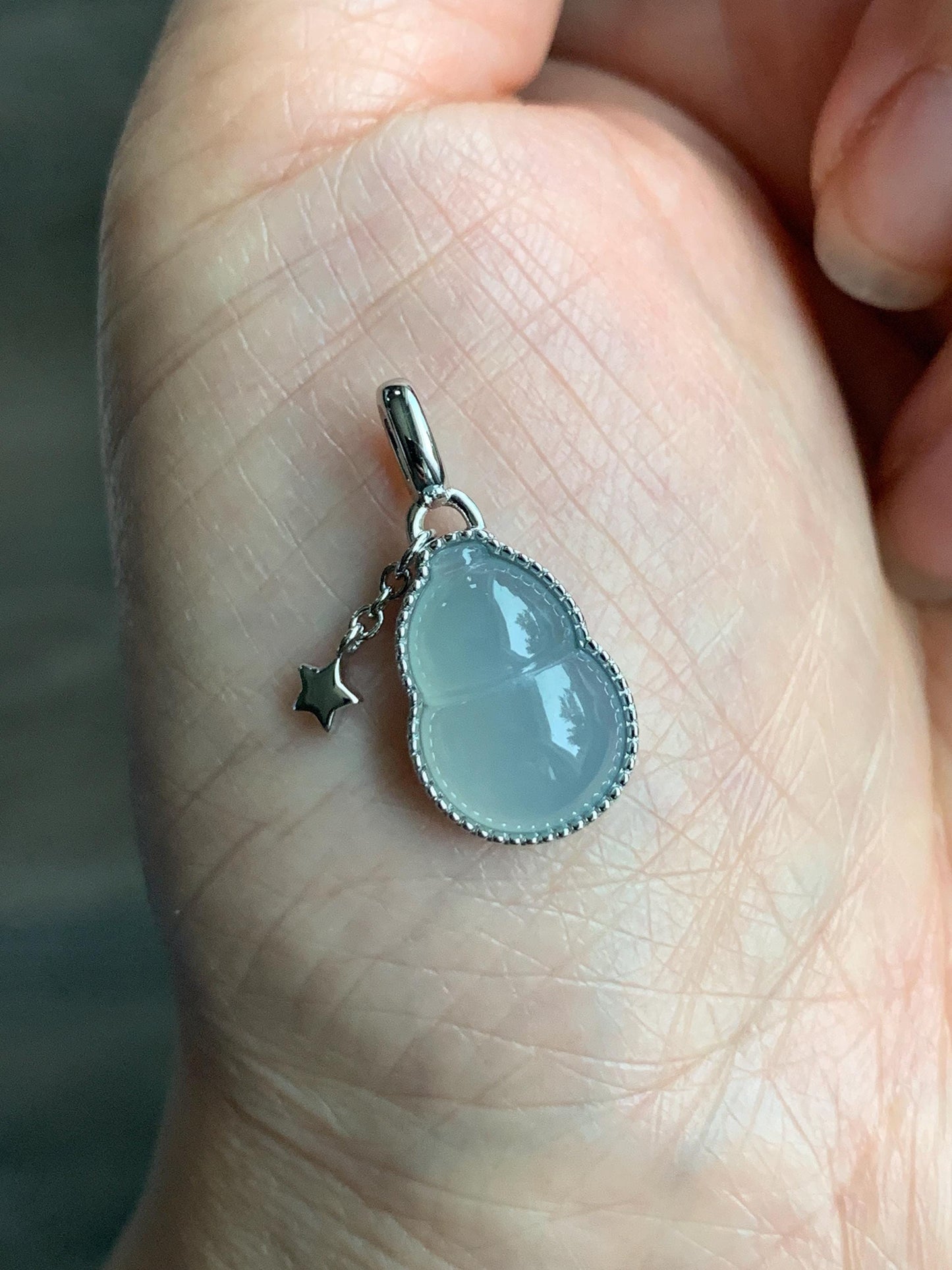 Certified Natural Grade A Icy Highly Translucent White Or Light Blue Jadeite Hulu Gourd Pendant Sterling Silver 天然起冰起光翡翠葫芦镶嵌吊坠