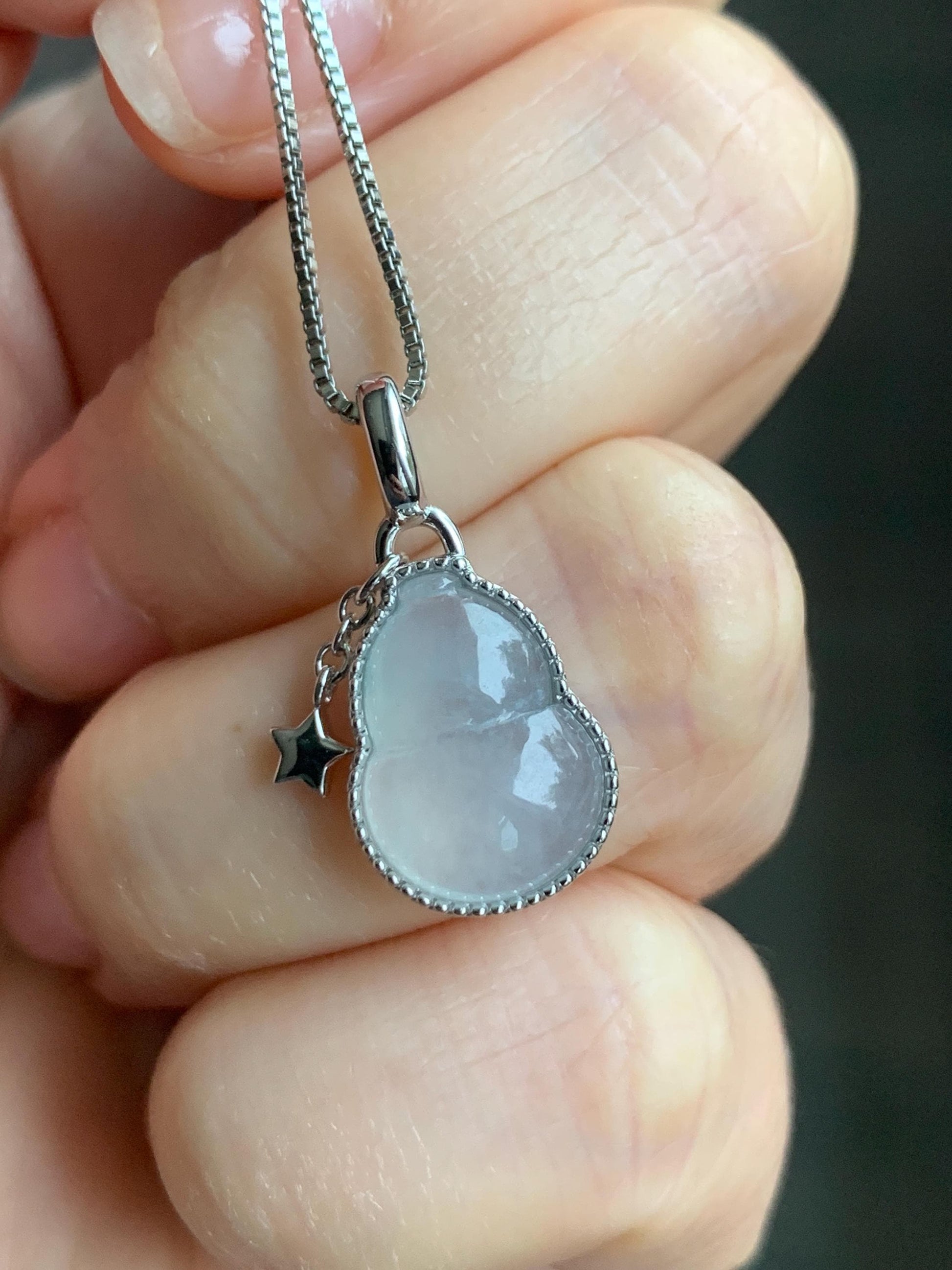 Certified Natural Grade A Icy Highly Translucent White Or Light Blue Jadeite Hulu Gourd Pendant Sterling Silver 天然起冰起光翡翠葫芦镶嵌吊坠