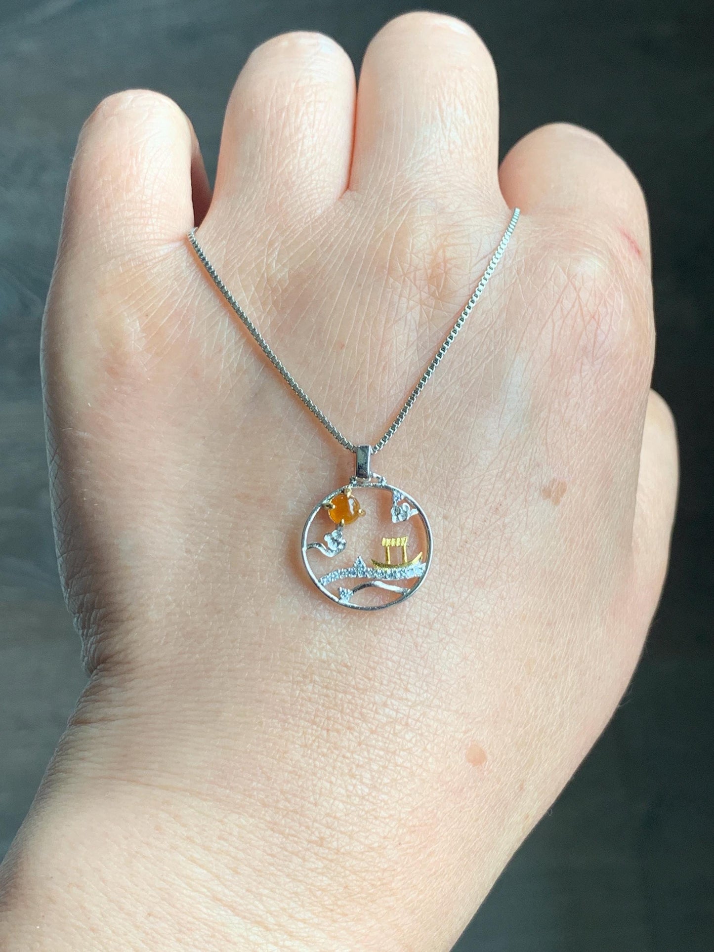 Petite Natural Grade A Icy Translucent Intense Yellow Jadeite Circle Pendant S925 Sterling Silver 天然冰油黄翡翠银镶小山水吊坠 XSH44