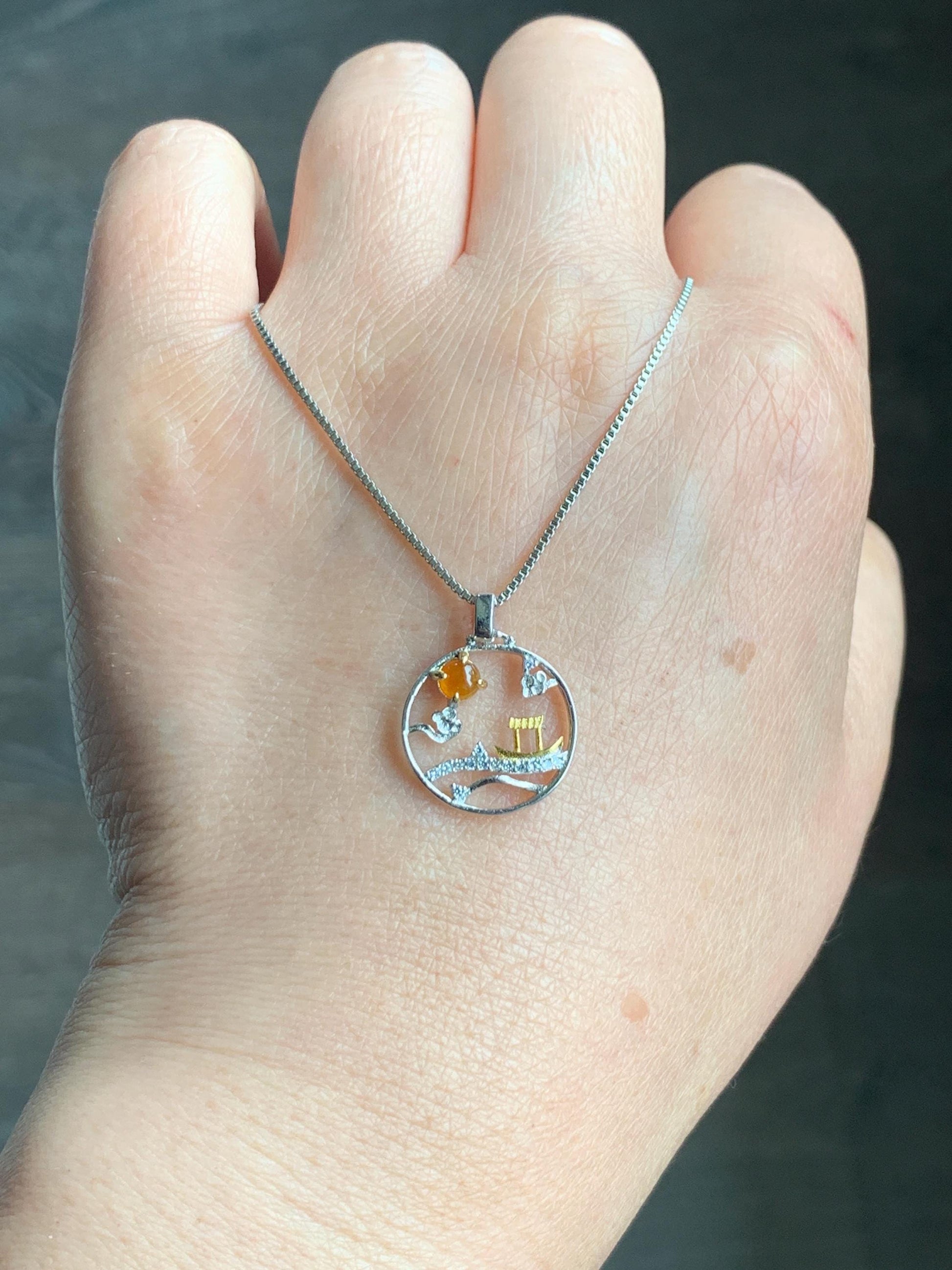 Petite Natural Grade A Icy Translucent Intense Yellow Jadeite Circle Pendant S925 Sterling Silver 天然冰油黄翡翠银镶小山水吊坠 XSH44