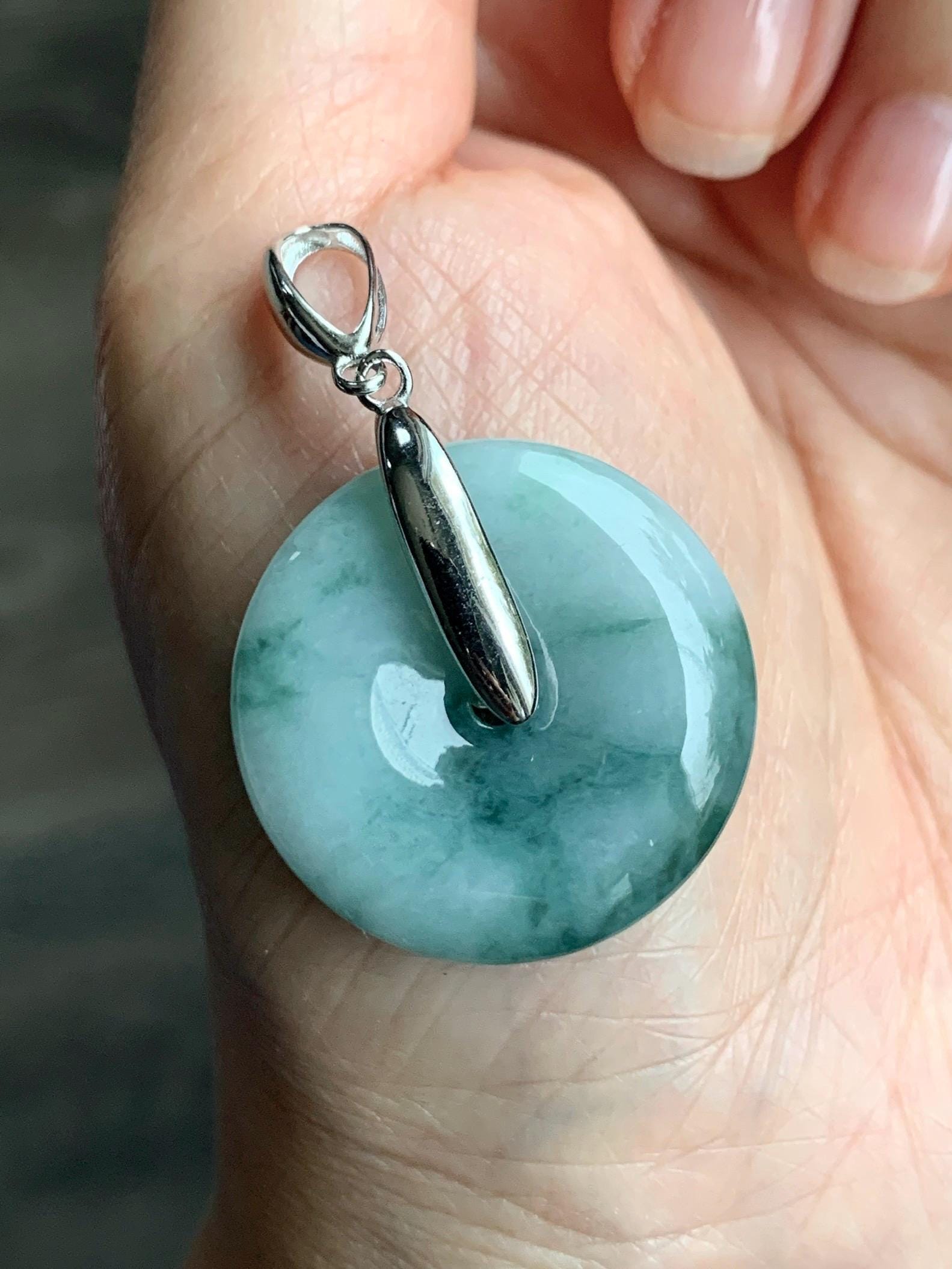 Natural Grade A Icy Translucent Teal Blue Marbled Jadeite Ping An Kou Donut Pendant Sterling Silver Bail 10g 天然糯冰飘花翡翠平安扣吊坠 MPK-2