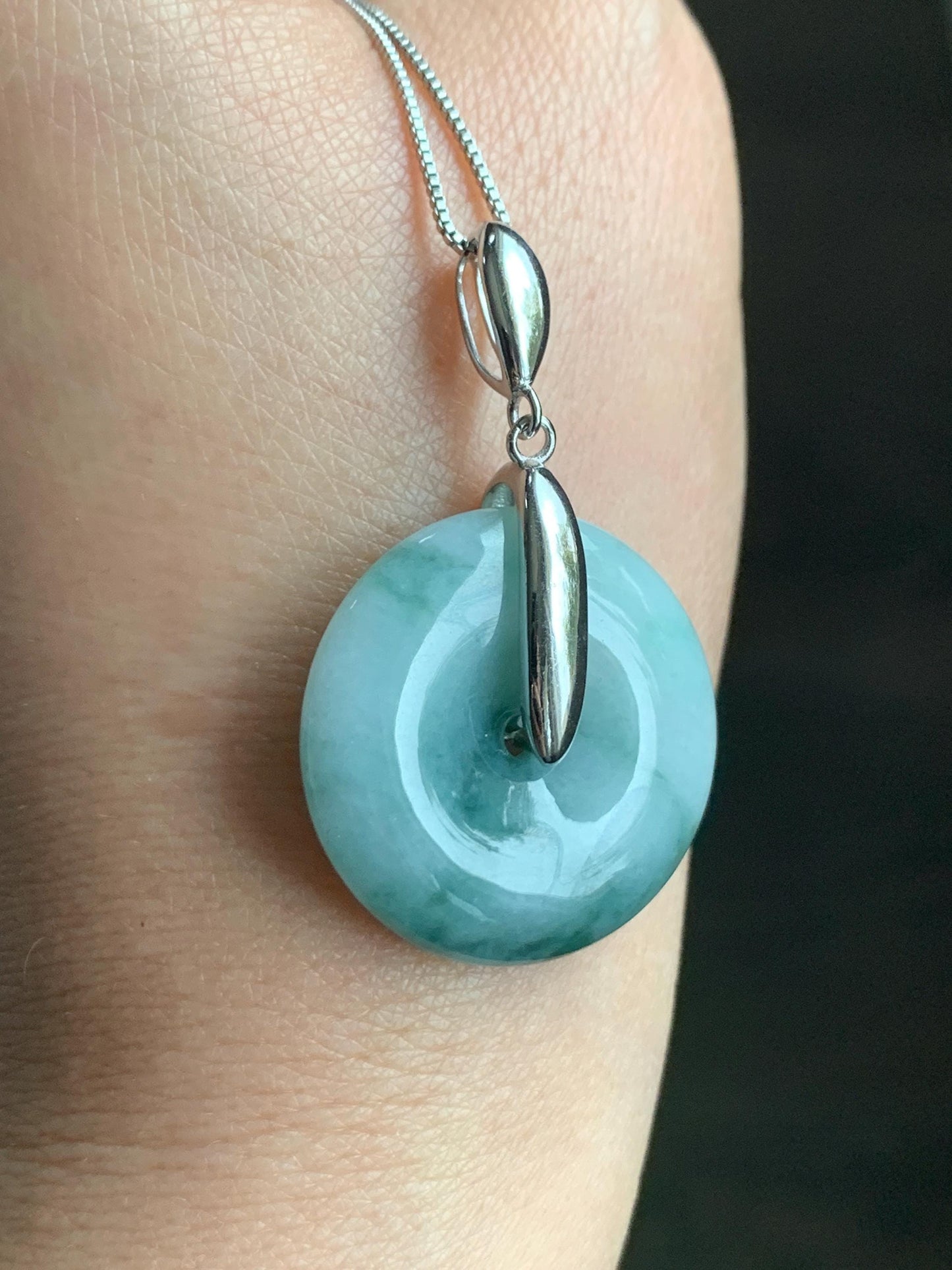 Natural Grade A Icy Translucent Teal Blue Marbled Jadeite Ping An Kou Donut Pendant Sterling Silver Bail 10g 天然糯冰飘花翡翠平安扣吊坠 MPK-2
