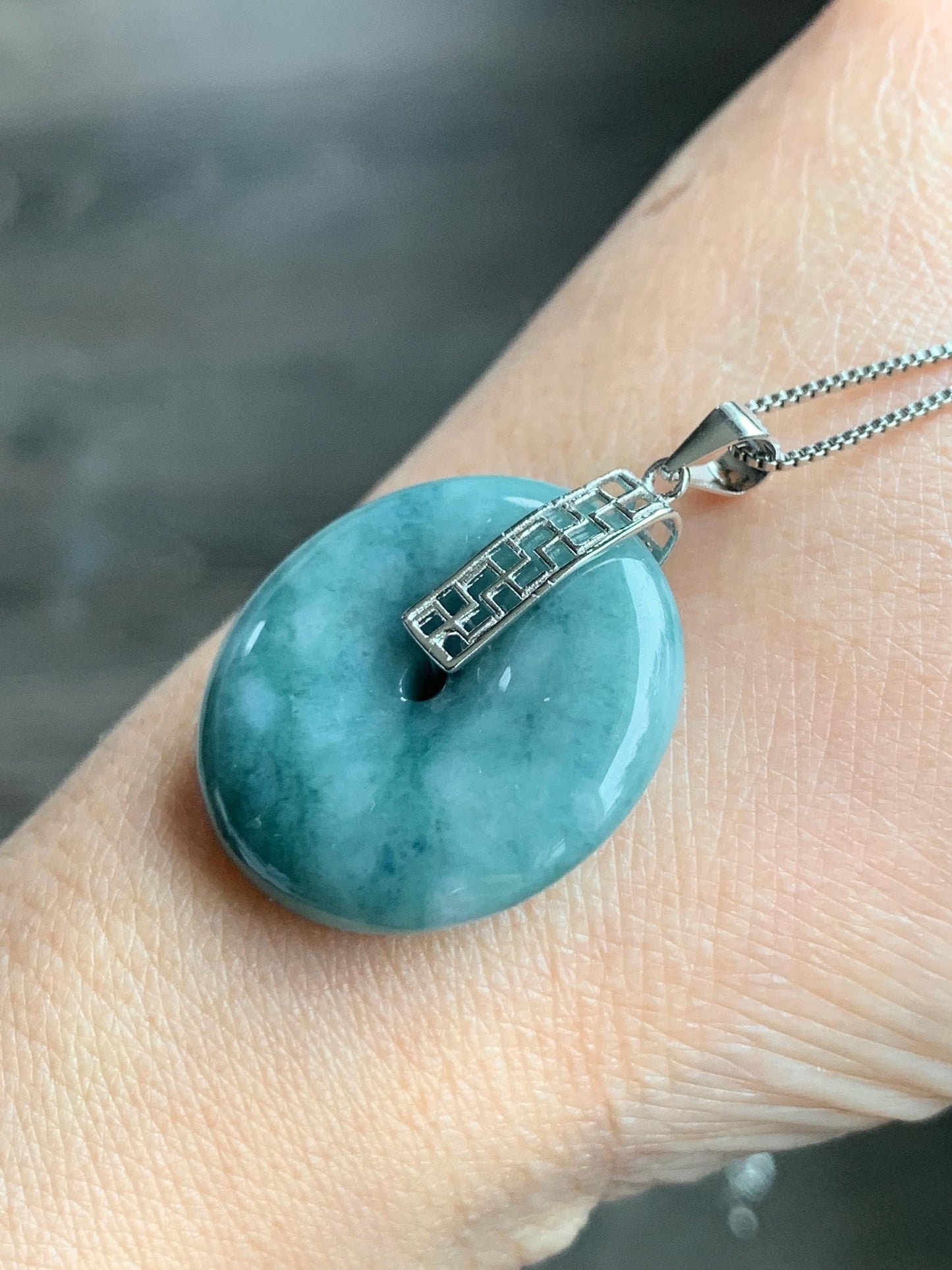 Natural Grade A Icy Translucent Teal Blue Marbled Jadeite Ping An Kou Donut Pendant Sterling Silver Bail 9g 天然糯冰飘花翡翠平安扣吊坠 MPK-3