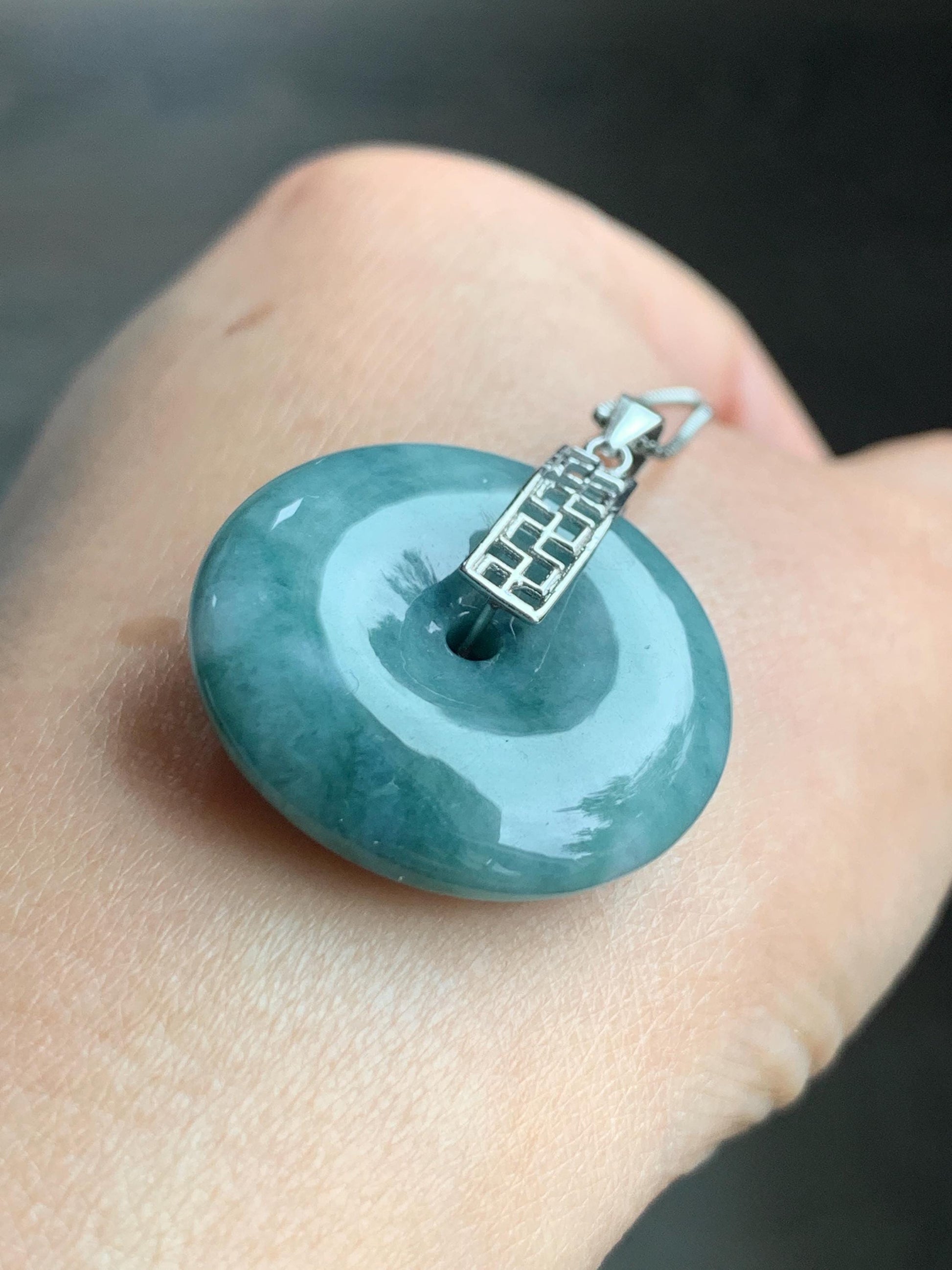 Natural Grade A Icy Translucent Teal Blue Marbled Jadeite Ping An Kou Donut Pendant Sterling Silver Bail 9g 天然糯冰飘花翡翠平安扣吊坠 MPK-3