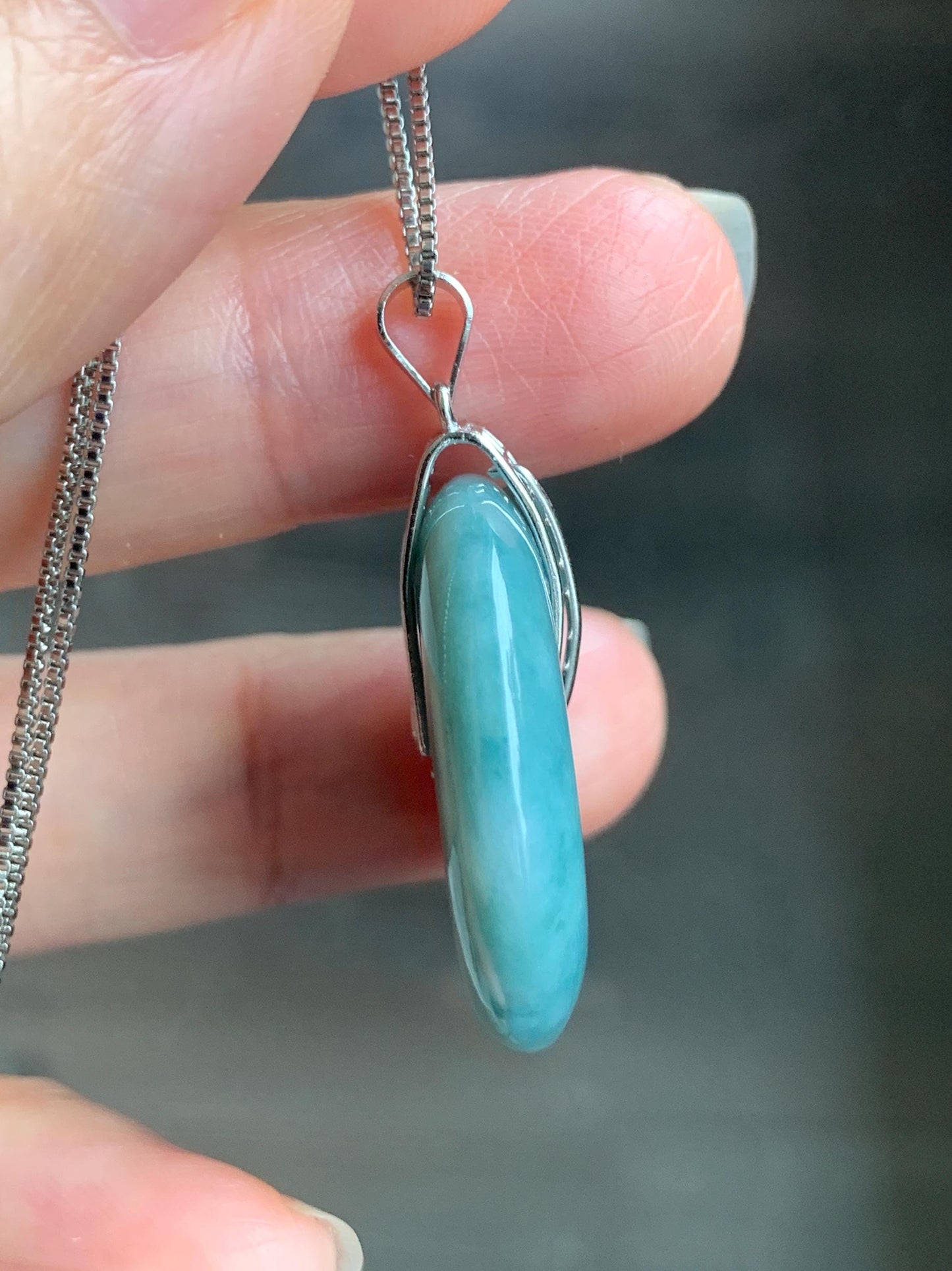 Natural Grade A Icy Translucent Teal Blue Marbled Jadeite Ping An Kou Donut Pendant Sterling Silver Bail 9g 天然糯冰飘花翡翠平安扣吊坠 MPK-3