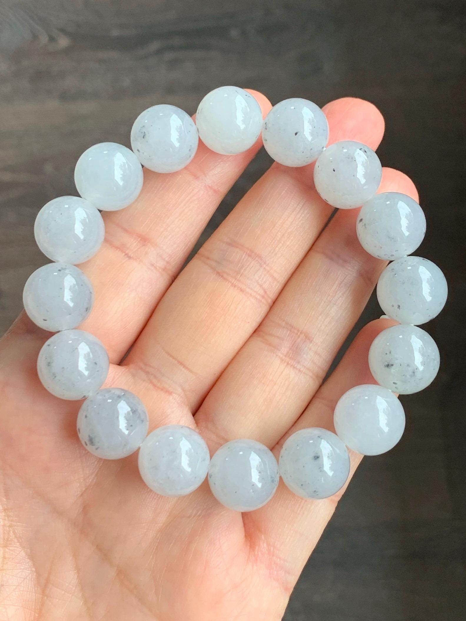 Certified Grade A Natural Premium Icy Highly Translucent Gelatinous Wuji Jadeite Beaded Bracelet 12.7mm 7.25" 56.37g 天然大卡冰胶白乌鸡翡翠手串 1494