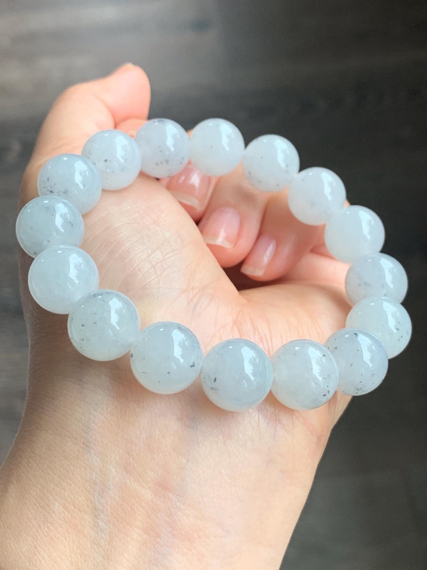 Certified Grade A Natural Premium Icy Highly Translucent Gelatinous Wuji Jadeite Beaded Bracelet 12.7mm 7.25" 56.37g 天然大卡冰胶白乌鸡翡翠手串 1494