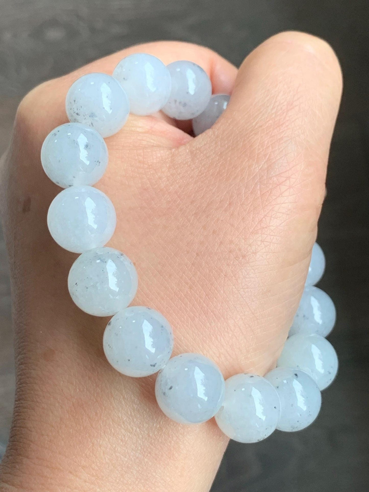 Certified Grade A Natural Premium Icy Highly Translucent Gelatinous Wuji Jadeite Beaded Bracelet 12.7mm 7.25" 56.37g 天然大卡冰胶白乌鸡翡翠手串 1494