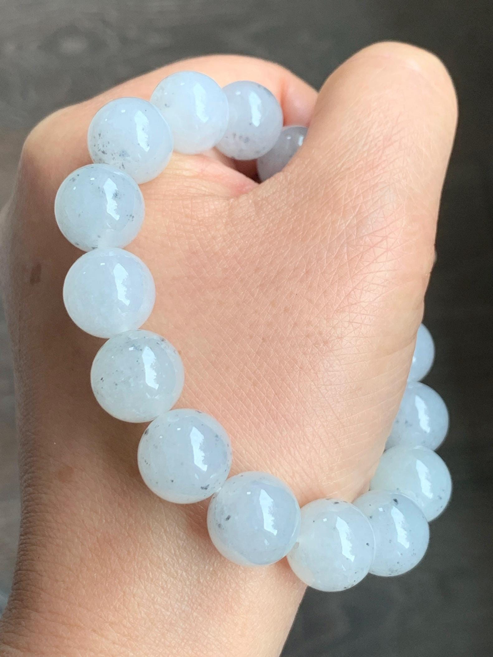 Certified Grade A Natural Premium Icy Highly Translucent Gelatinous Wuji Jadeite Beaded Bracelet 12.7mm 7.25" 56.37g 天然大卡冰胶白乌鸡翡翠手串 1494