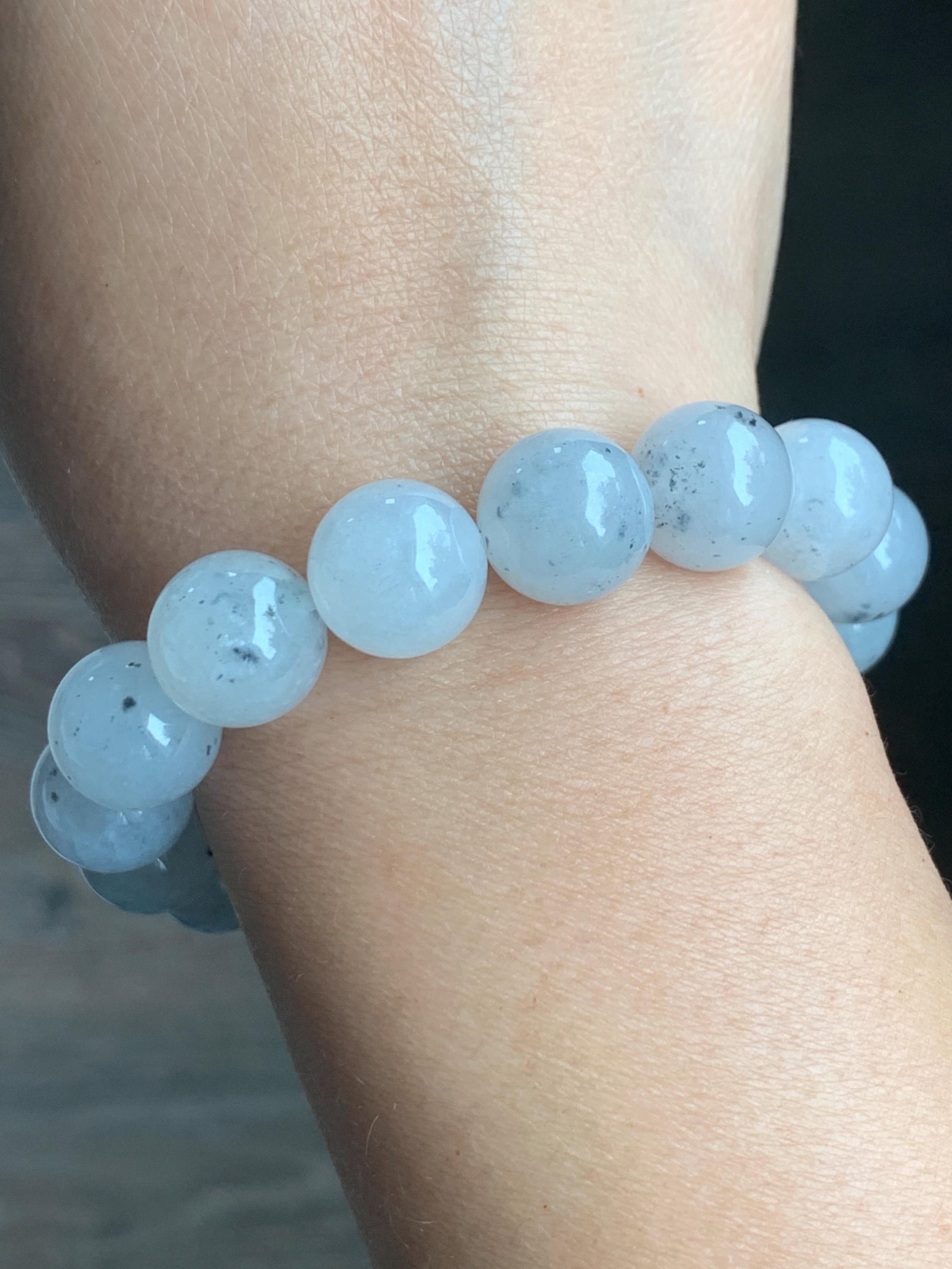 Certified Grade A Natural Premium Icy Highly Translucent Gelatinous Wuji Jadeite Beaded Bracelet 12.7mm 7.25" 56.37g 天然大卡冰胶白乌鸡翡翠手串 1494
