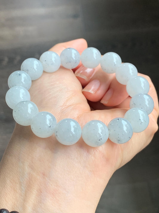 Certified Grade A Natural Premium Icy Highly Translucent Gelatinous Wuji Jadeite Beaded Bracelet 12.7mm 7.25" 56.37g 天然大卡冰胶白乌鸡翡翠手串 1494