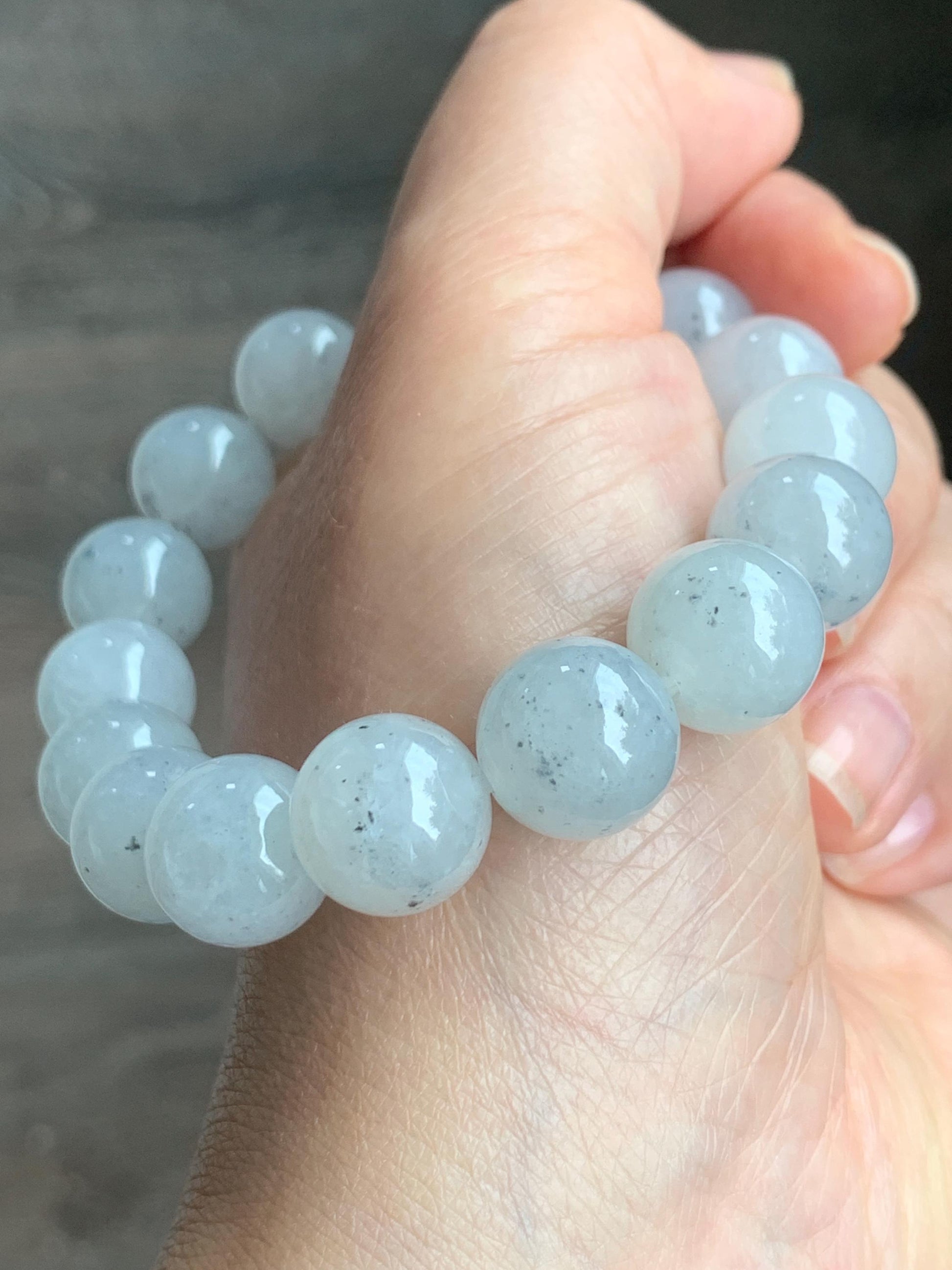 Certified Grade A Natural Premium Icy Highly Translucent Gelatinous Wuji Jadeite Beaded Bracelet 12.7mm 7.25" 56.37g 天然大卡冰胶白乌鸡翡翠手串 1494